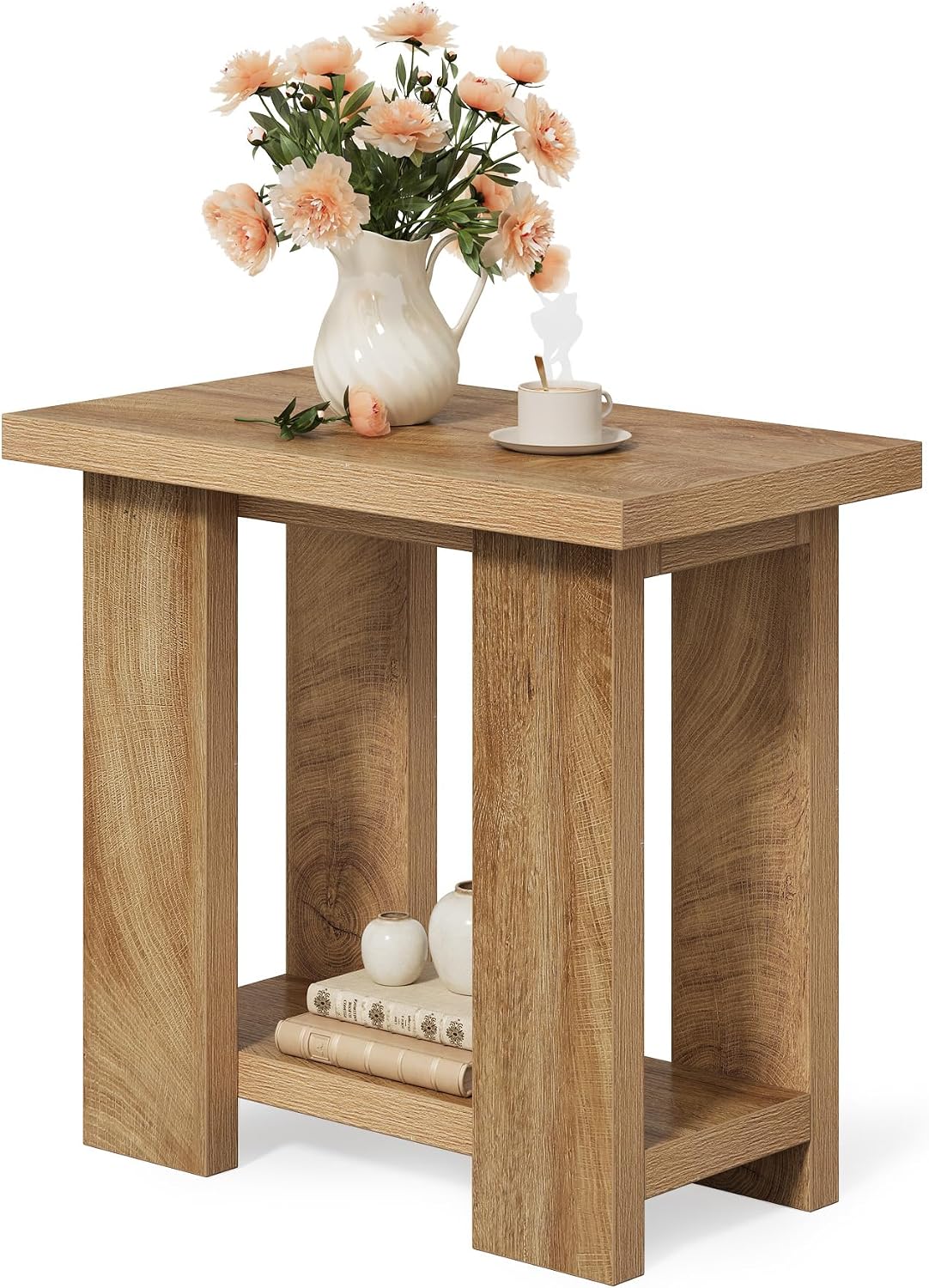 LITTLE TREE 2-Tier Side Table, Set of 2 Farmhouse End Table with Storage Shelves, Small Nightstand Wooden Beside Table Bed Side Table for Small Spaces, Living Room, Bedroom, Brown