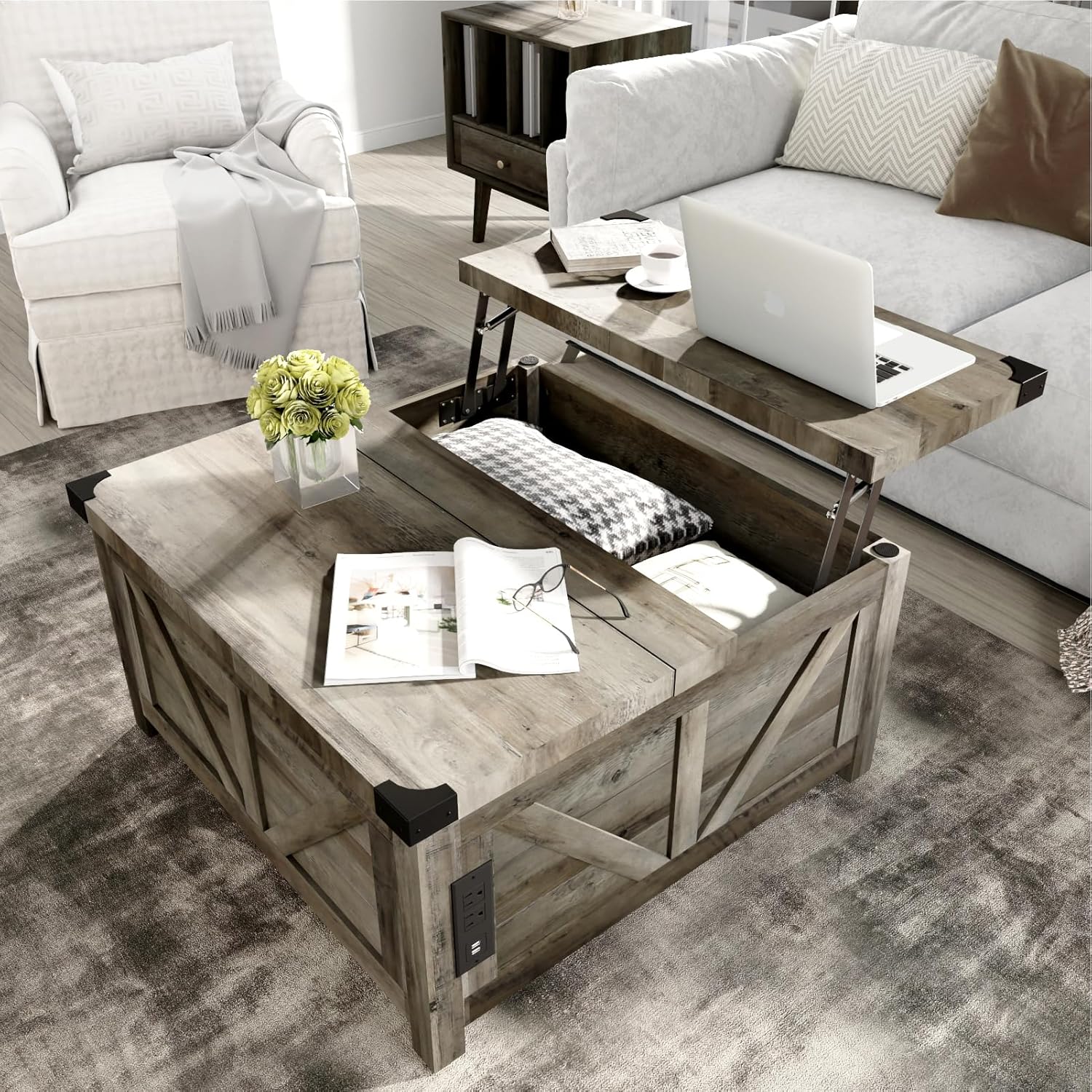 jimeimen Farmhouse Lift Top Coffee Table with Storage, Wood Square Center Table with Charging Station&USB Port, Living Room Table w/Large Hidden Space, for Living Room, Bedroom, Home Office, Grey