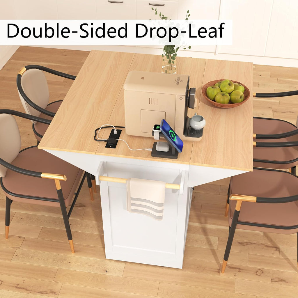 2 Drop Leaf Kitchen Island on Wheels, Farmhouse Rolling Kitchen Cart with Power Outlets, Kitchen Island Table with 2 Storage Cabinet, 3 Drawers and Spices Rack