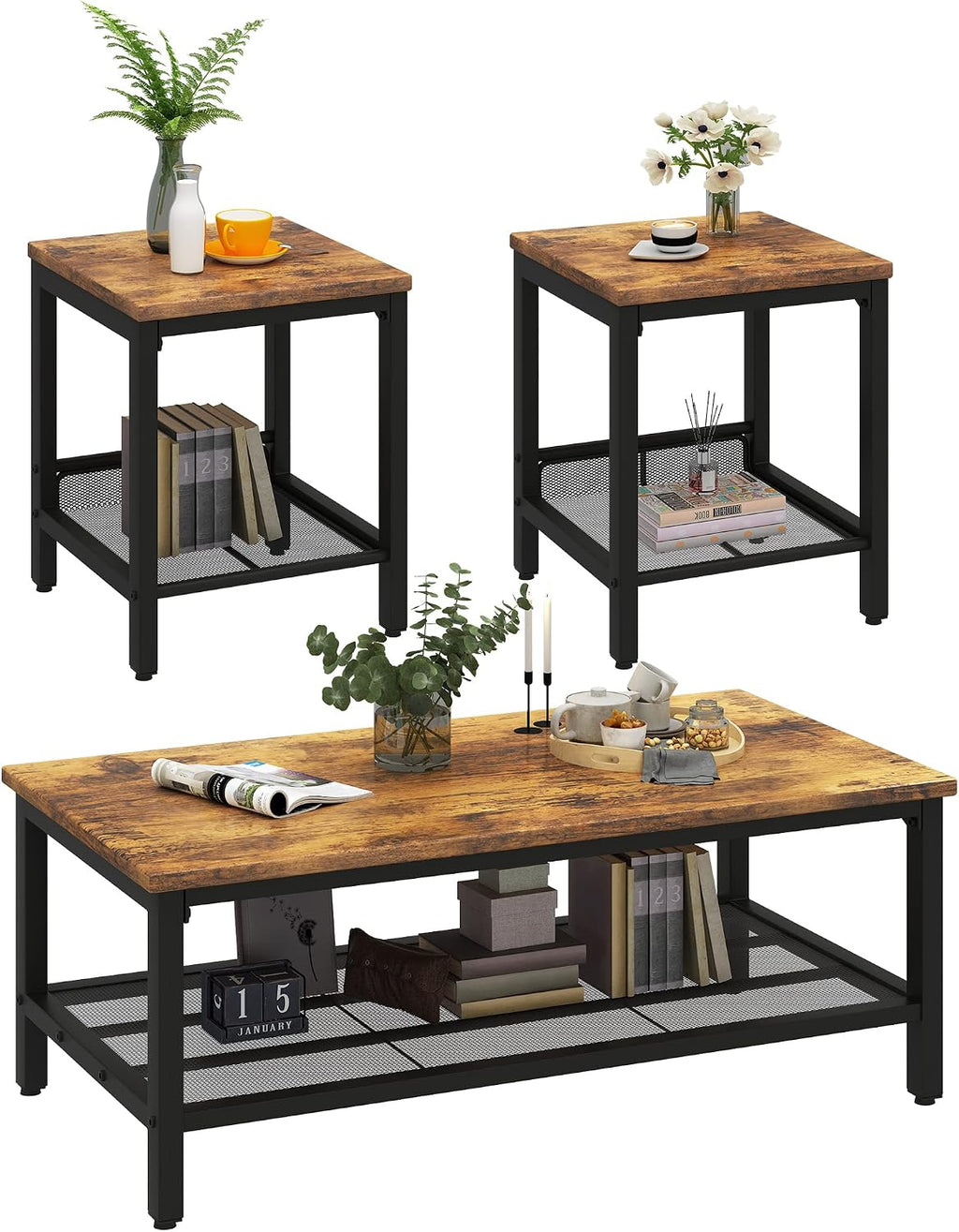 Lamerge 3 Pieces Living Room Table Set, Industrial Coffee Table with 2 Square End Side Tables, Coffee Table Set with Metal Frame for Apartment Home Office, Rustic Brown