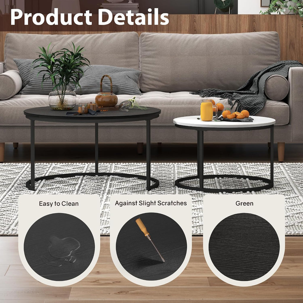 Otterease Nesting Tables Set of 2, 31.5' Round Coffee Table, Small Nesting Coffee Table with Adjustable Non-Slip Fee, Wood Grain Top Nesting Tables for Living Room, Bedroom (Wood Grain Black&White)