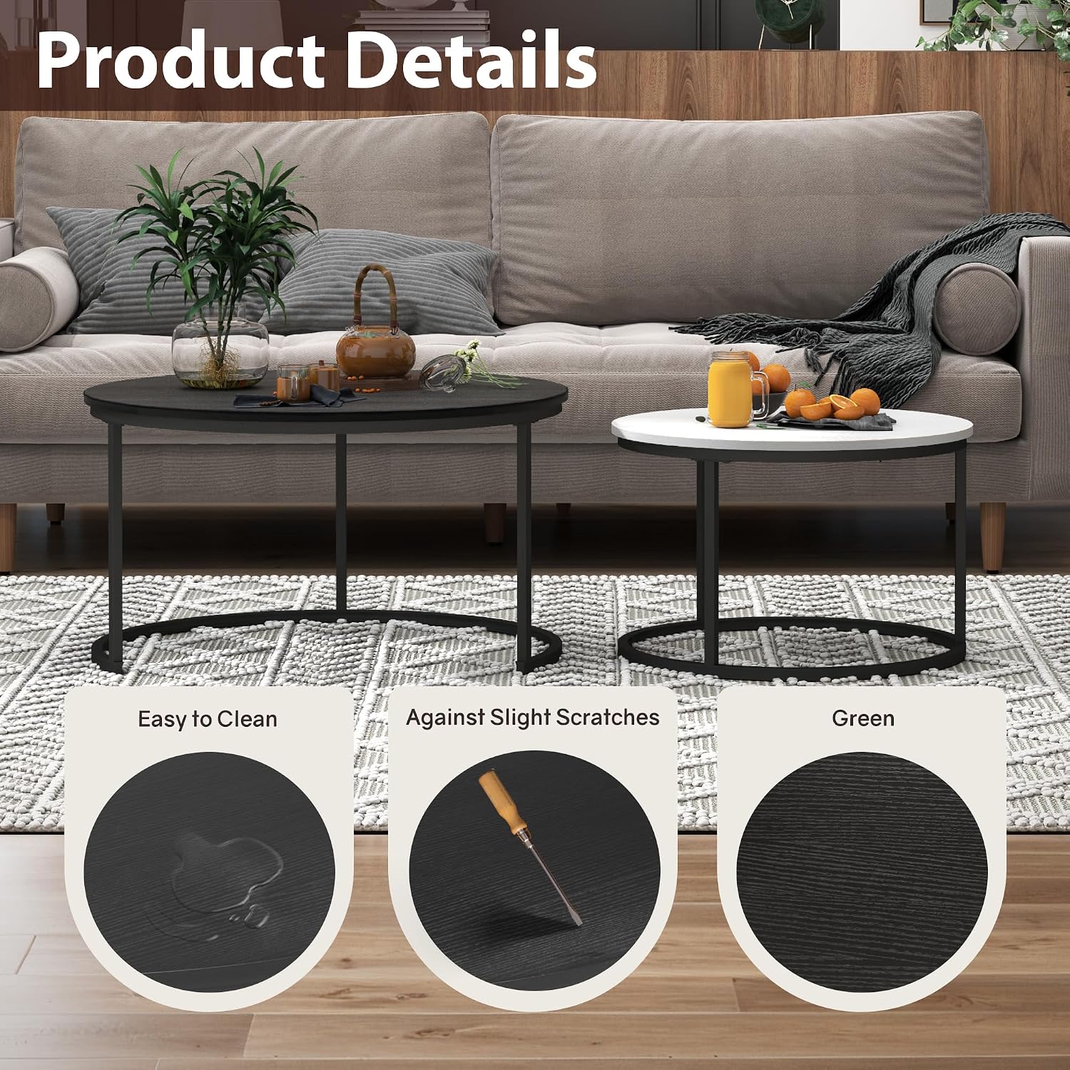 Otterease Nesting Tables Set of 2, 31.5' Round Coffee Table, Small Nesting Coffee Table with Adjustable Non-Slip Fee, Wood Grain Top Nesting Tables for Living Room, Bedroom (Wood Grain Black&White)