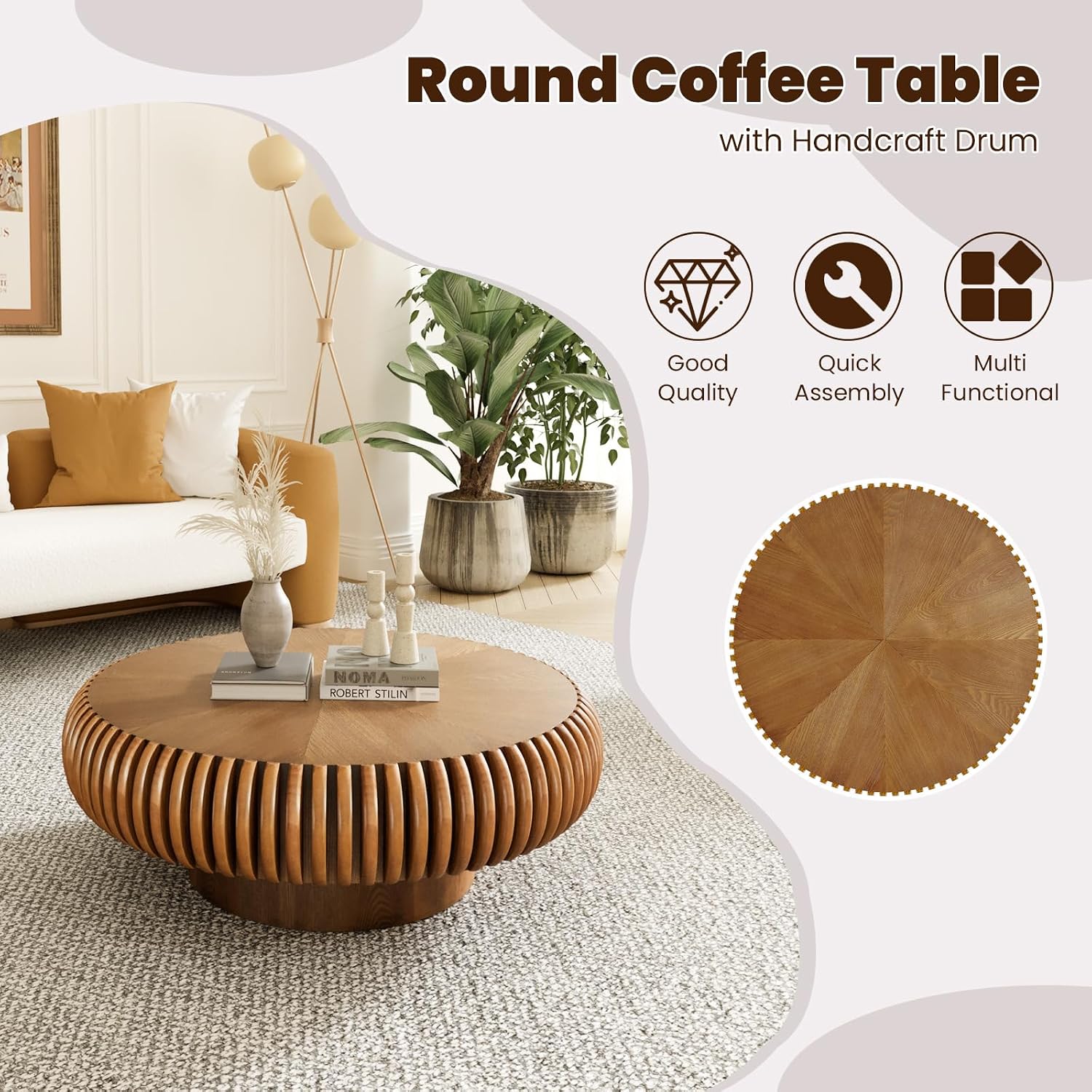 Round Drum Coffee Table for Living Room, Mid Century Modern Coffee Table with Sturdy Pedestal, Farmhouse Fluted Circle Center Table Accent Tea Table for Apartment (31.5' Brown)