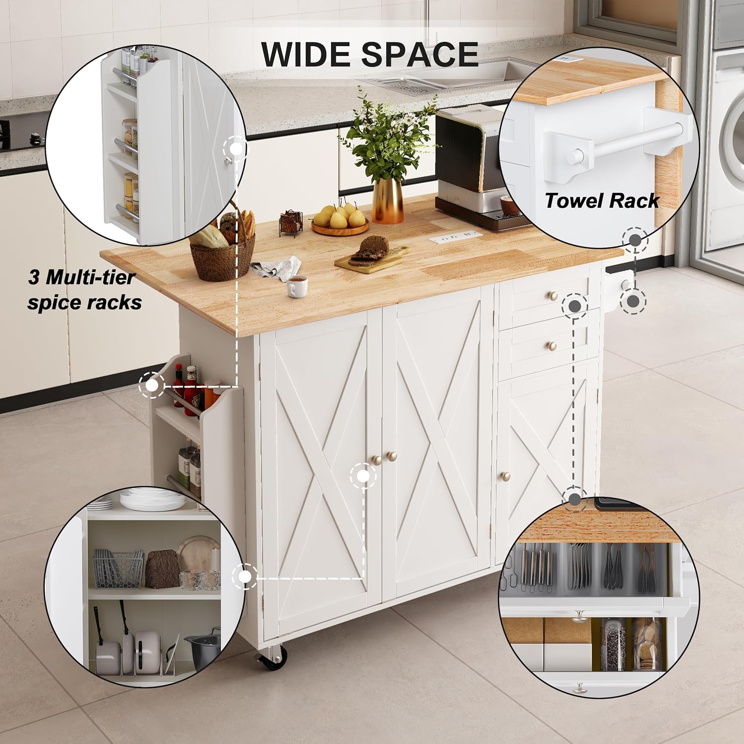 HOMREST 50.4' Kitchen Island with Drop Leaf & Power Outlet, Farmhouse Rolling Island Cart with 3 Spices Shelves on Wheels, Mobil Kitchen Island Table with Rubberwood Countertop Towel Rack, White