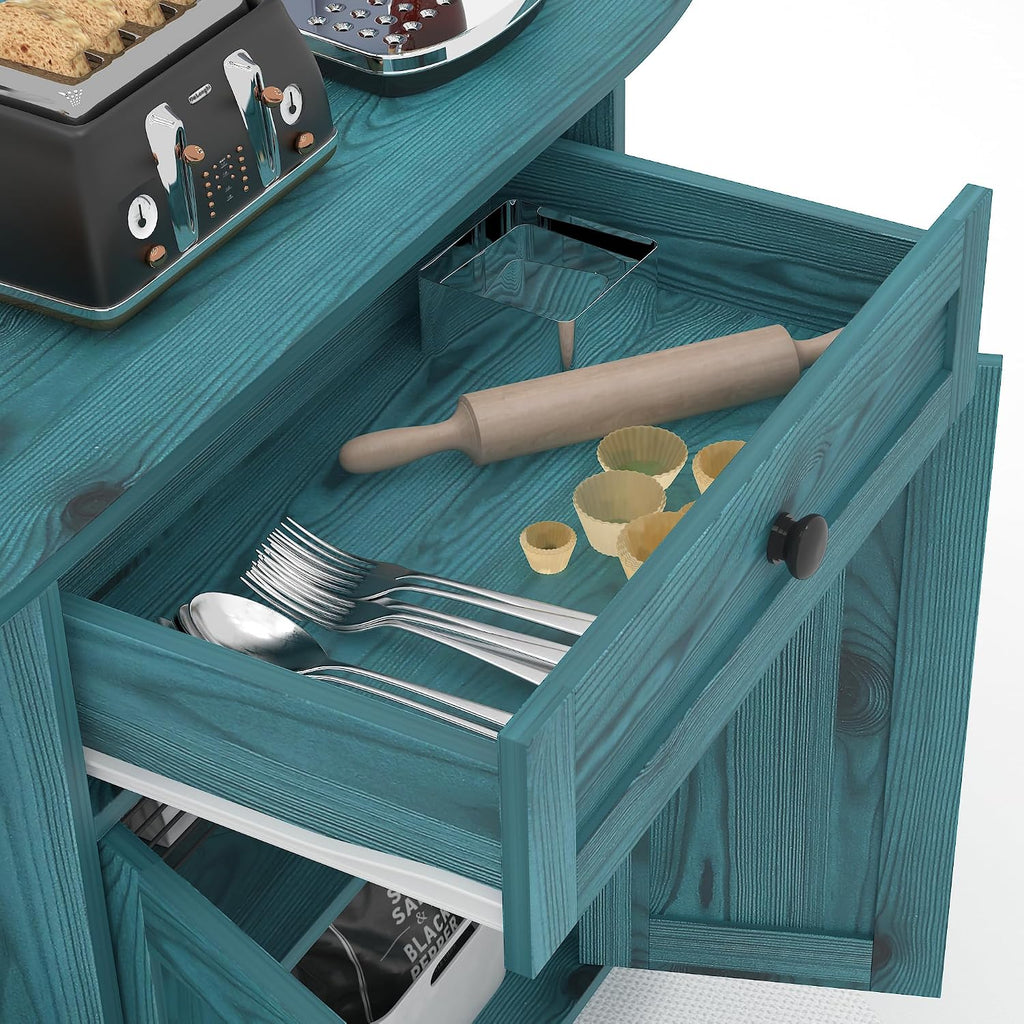 52' Sideboard Buffet Cabinet with Power Outlet,Coffee Bar Cabinet with Storage, 3 AC Outlets & 2 USB Ports,Kitchen Storage Cabinet with Drawer and Doors for Dining Room,Vintage Blue