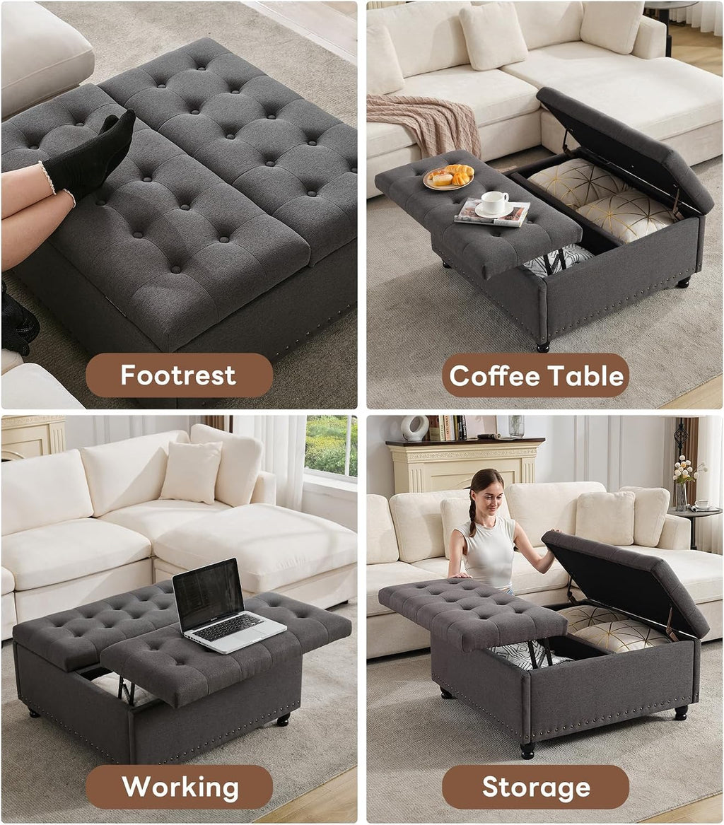 Tbfit Large Square Storage Ottoman Bench, Tufted Upholstered Coffee Table Ottoman with Lift Top & Wooden Legs, Oversized Storage Ottomans Toy Box for Living Room (Dark Grey)