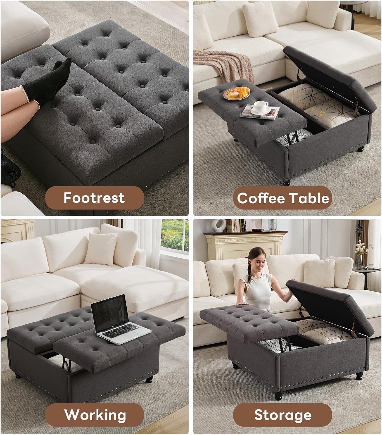 Tbfit Large Square Storage Ottoman Bench, Tufted Upholstered Coffee Table Ottoman with Lift Top & Wooden Legs, Oversized Storage Ottomans Toy Box for Living Room (Dark Grey)
