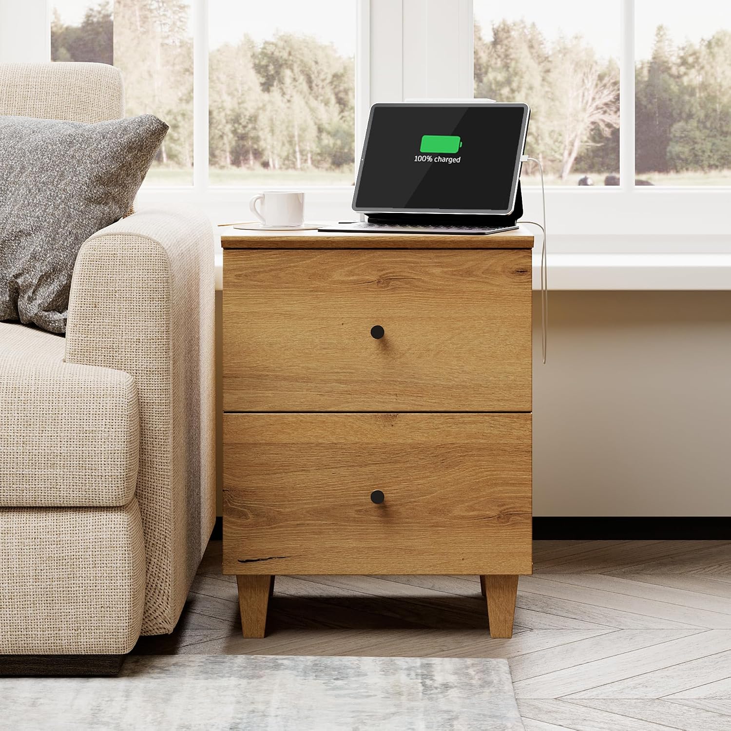 WAMPAT Nightstands with Charging Station & 2 Drawers for Bedroom, Modern End Tables Farmhouse Wood Bedside Table with 2 AC Outlets & USB Ports for Living Room, Oak Brown