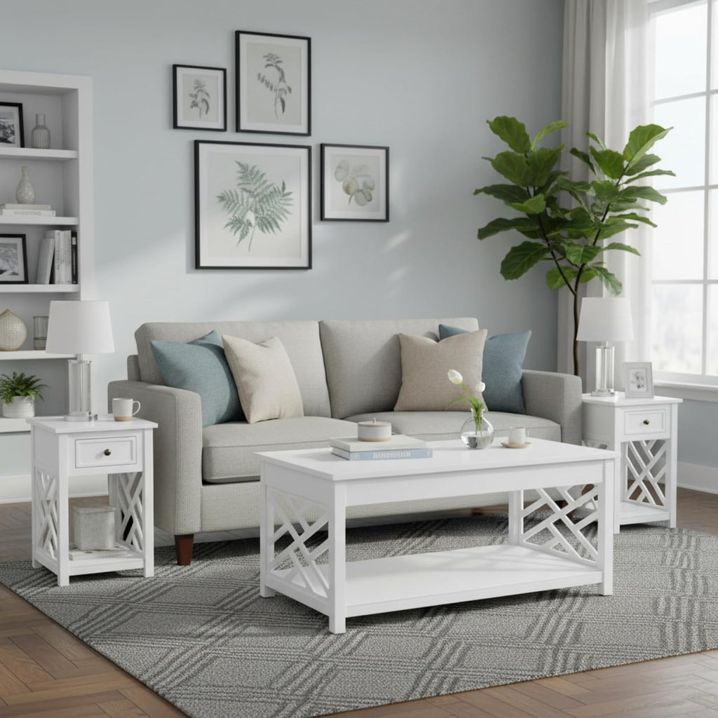 Coventry 36 in. Coffee Table and 2 End Tables with Drawers - Cottage-Style Living Room Furniture Set with Open-Design Decorative Details - Accent Tables with Storage Compartment