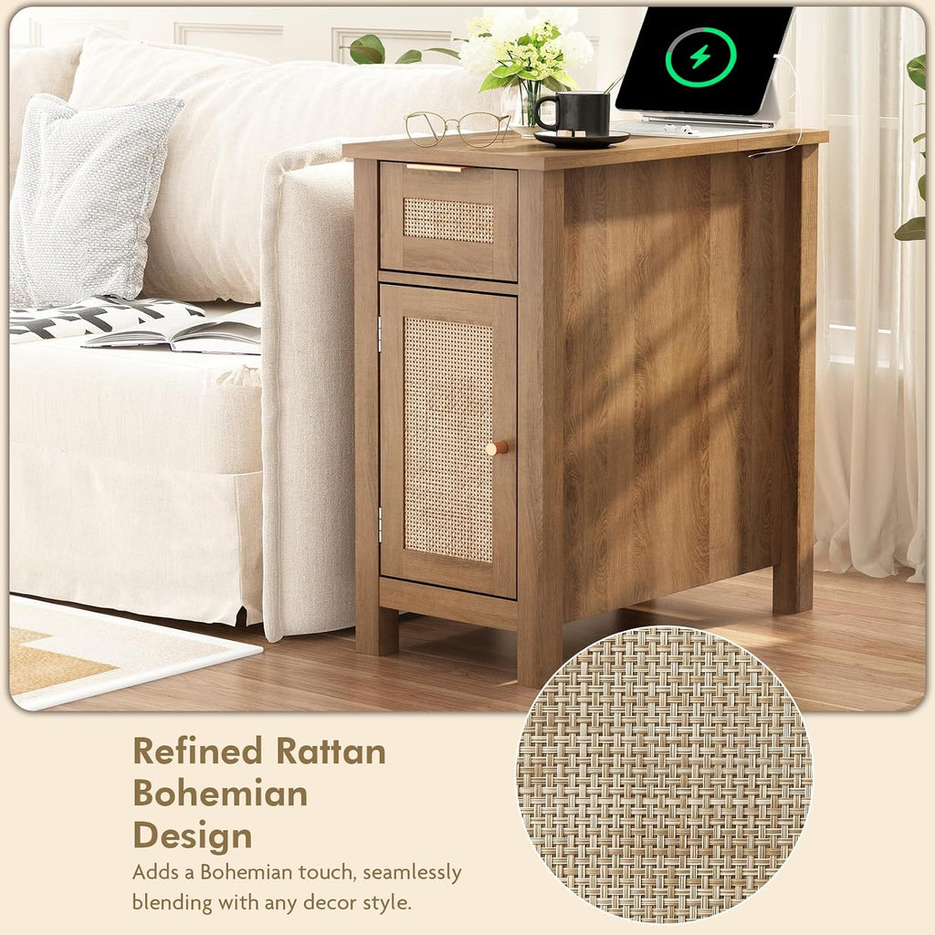 Narrow End Table with Charging Station - Midcentury Rattan Slim Side Table with USB Ports and Power Outlets, Nightstand with Flip Top and Storage Drawer, for Small Spaces Living Room Bedroom, Set of 2