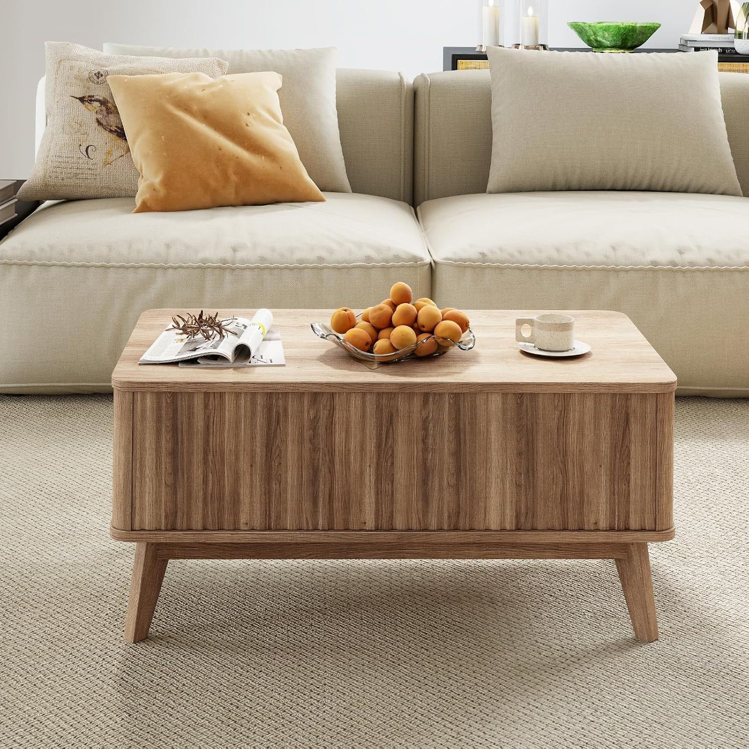 Giantex Lift Top Coffee Table with Storage, 35.5' Mid Century Modern Center Table with Solid Wood Leg & Hidden Compartment, Minimalist Fluted Living Room Table for Home Office, Oak