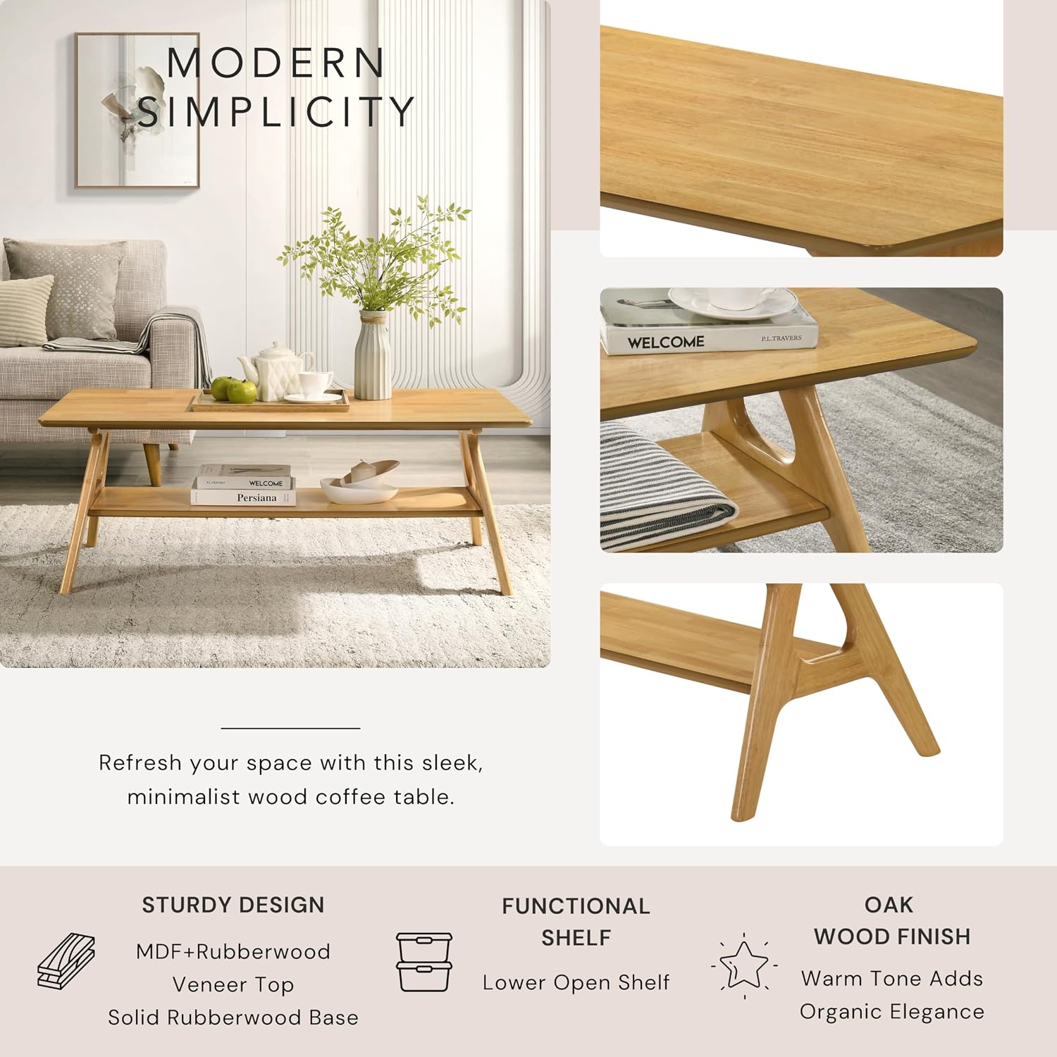 Roundhill Furniture Arona 3-Piece Coffee Table Set, Coffee Table and Two End Tables, Natural Oak Finish
