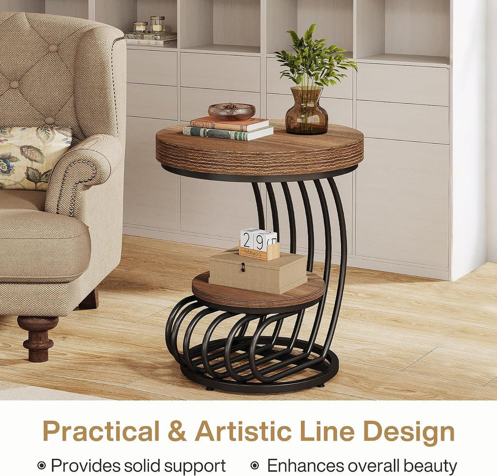 Tribesigns Round End Table, 2-Tier Farmhose Wood Side Table with Shelf Storage, Small Sofa Side Bedside Nightstand, Arc-Shaped Frame Accent Furniture for Living Room, Light Brown