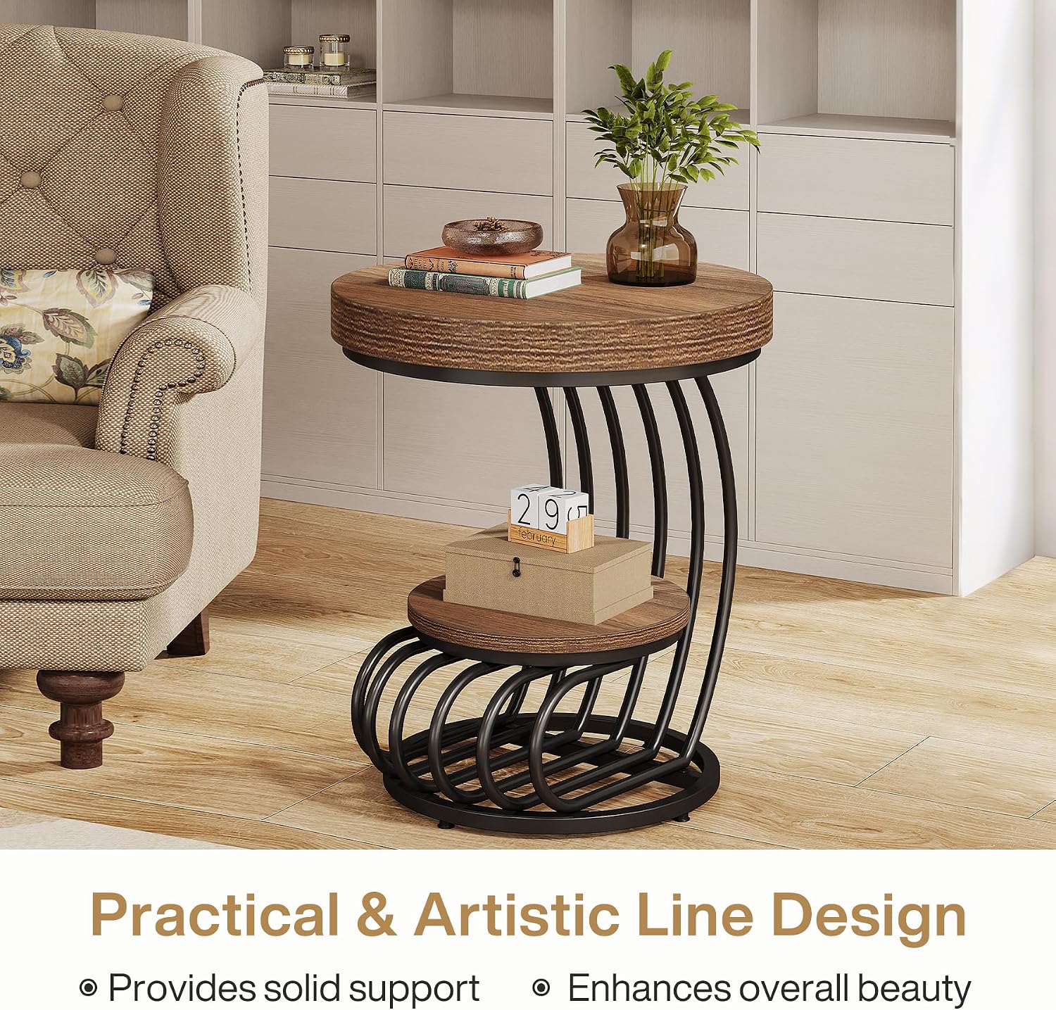 Tribesigns Round End Table, 2-Tier Farmhose Wood Side Table with Shelf Storage, Small Sofa Side Bedside Nightstand, Arc-Shaped Frame Accent Furniture for Living Room, Light Brown