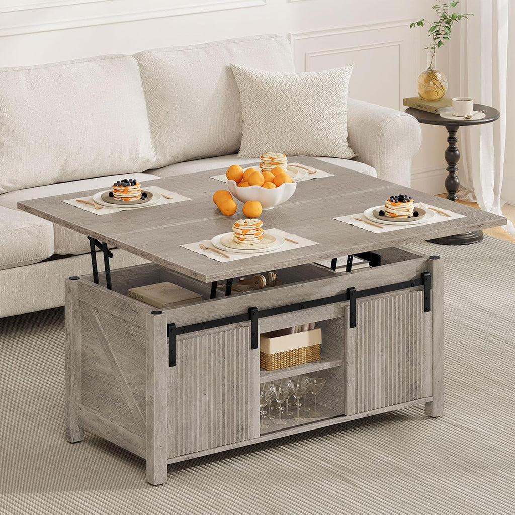 CHOEZON Lift Top Coffee Table, 4 in 1 Convertible Coffee Table, Farmhouse Coffee Tables, with Hidden Compartments, with Sliding Doors, for Living Room, Apartment, Greige MKF01FH