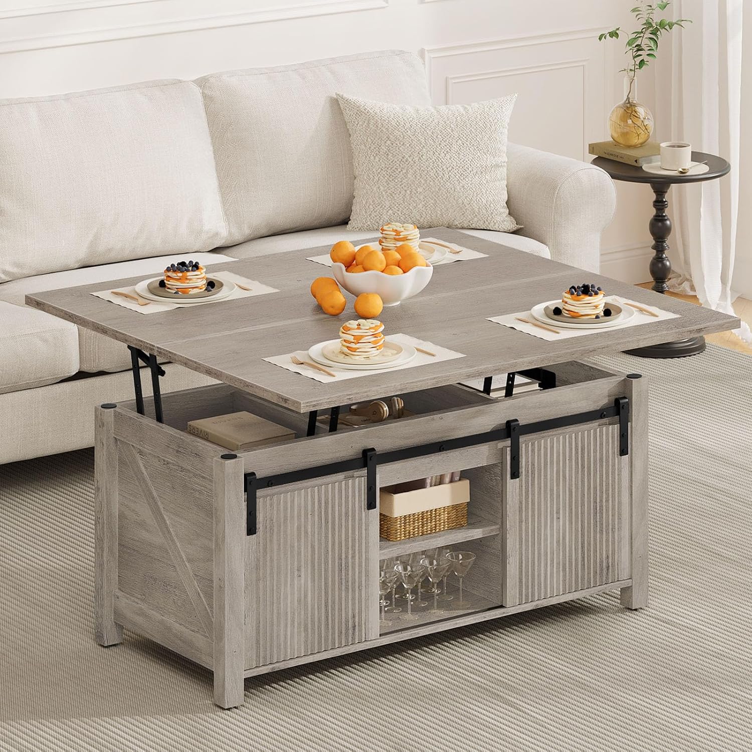 CHOEZON Lift Top Coffee Table, 4 in 1 Convertible Coffee Table, Farmhouse Coffee Tables, with Hidden Compartments, with Sliding Doors, for Living Room, Apartment, Greige MKF01FH