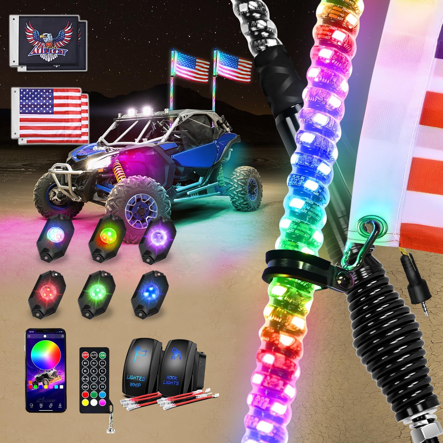 Nilight 2PCS 3FT RGB LED Whip Light with Spring Base and 6 PCS Rock Lights Combo, Remote App Control w/DIY Chasing Patterns Turn Signal Brake Reverse Antenna Lighted Whips for ATV UTV Polaris RZR Jeep