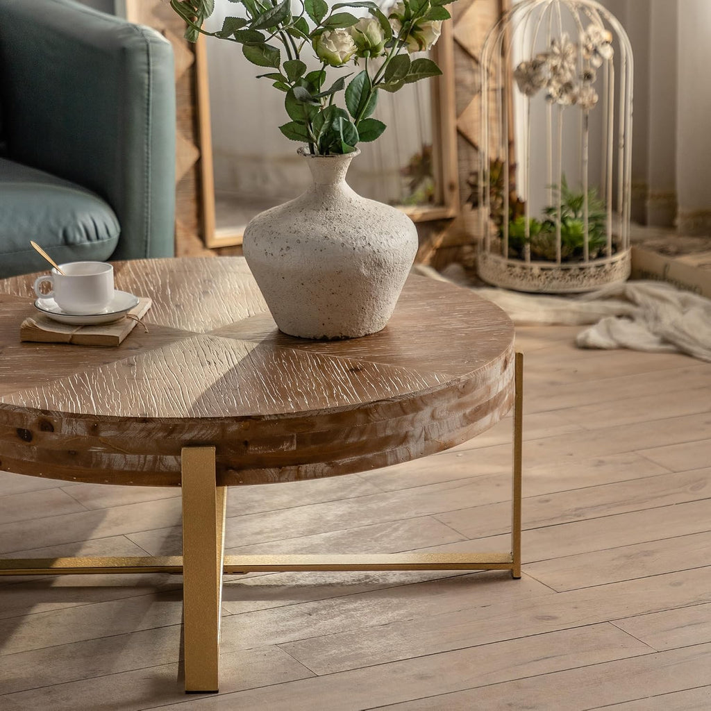 Wood Round Coffee Table, 31 Inch Farmhouse Rustic Fir Wooden Table Top Cross Metal Legs Circle Coffee Table for Living Room, Gold
