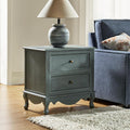 HULALA HOME Solid Wood End Table with Charging Station Space, Vintage Endtable with Wood Legs and 2 Drawers, French Side Table for Living Room，Blue