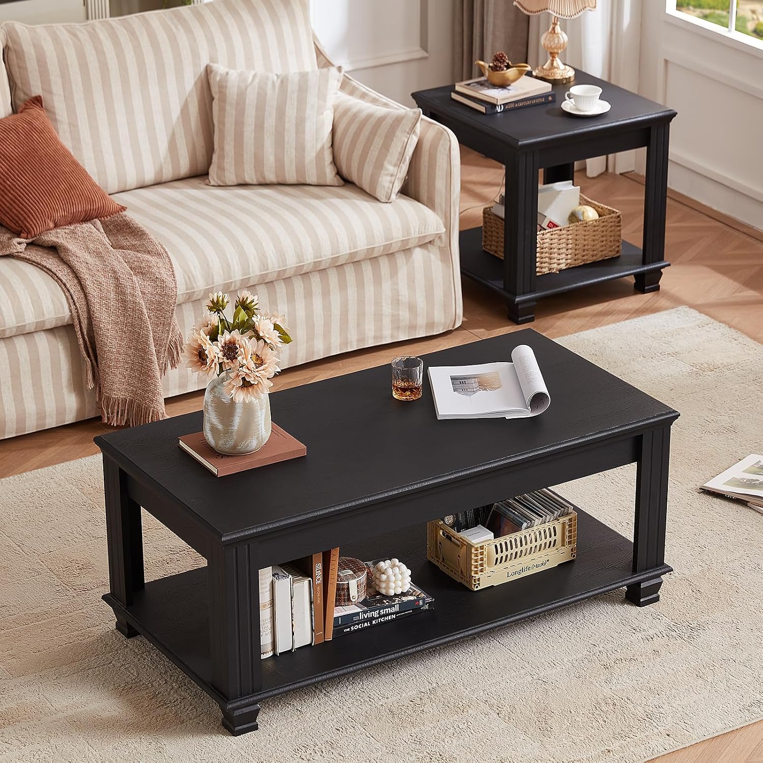 SAVOR LIFE Farmhouse Coffee Tables for Living Room,Square Tea Table with Open Storage Shelf,Large Coffee Table,Rustic Wooden Center Table,Black
