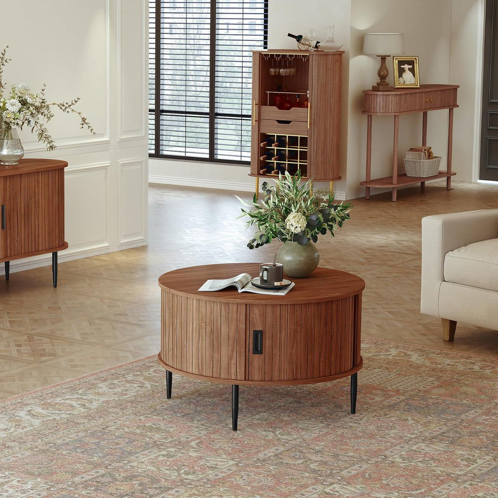 ARTPOWER 31.7' Round Coffee Table with Tambour Door, Mid Century Center Table for Living Room, Small Wood Fluted Circle Coffee Table with Storage, Walnut