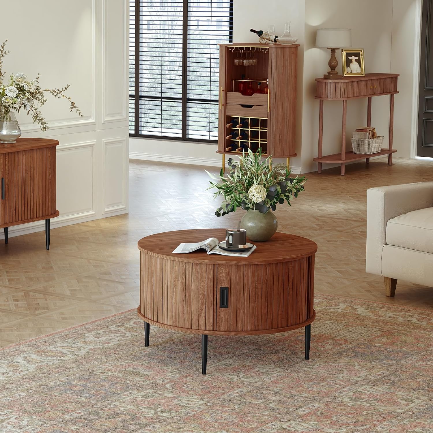 ARTPOWER 31.7' Round Coffee Table with Tambour Door, Mid Century Center Table for Living Room, Small Wood Fluted Circle Coffee Table with Storage, Walnut