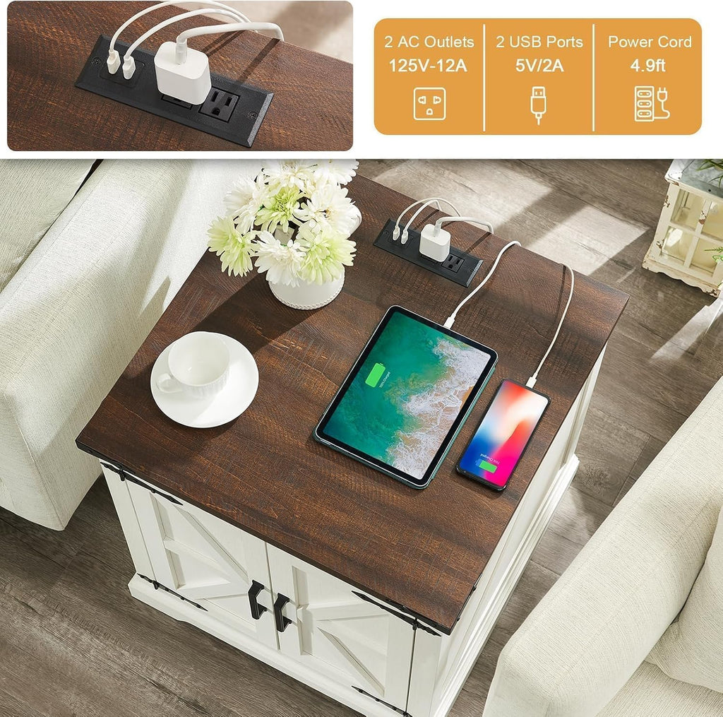 Barnyatoh Farmhouse End Table with Charging Station,24' Large Sofa Side Table with Barn Door, Rustic Wood Square Nightstand Bedside Table with Adjustable Shelf for Living Room, Bedroom,Antique White
