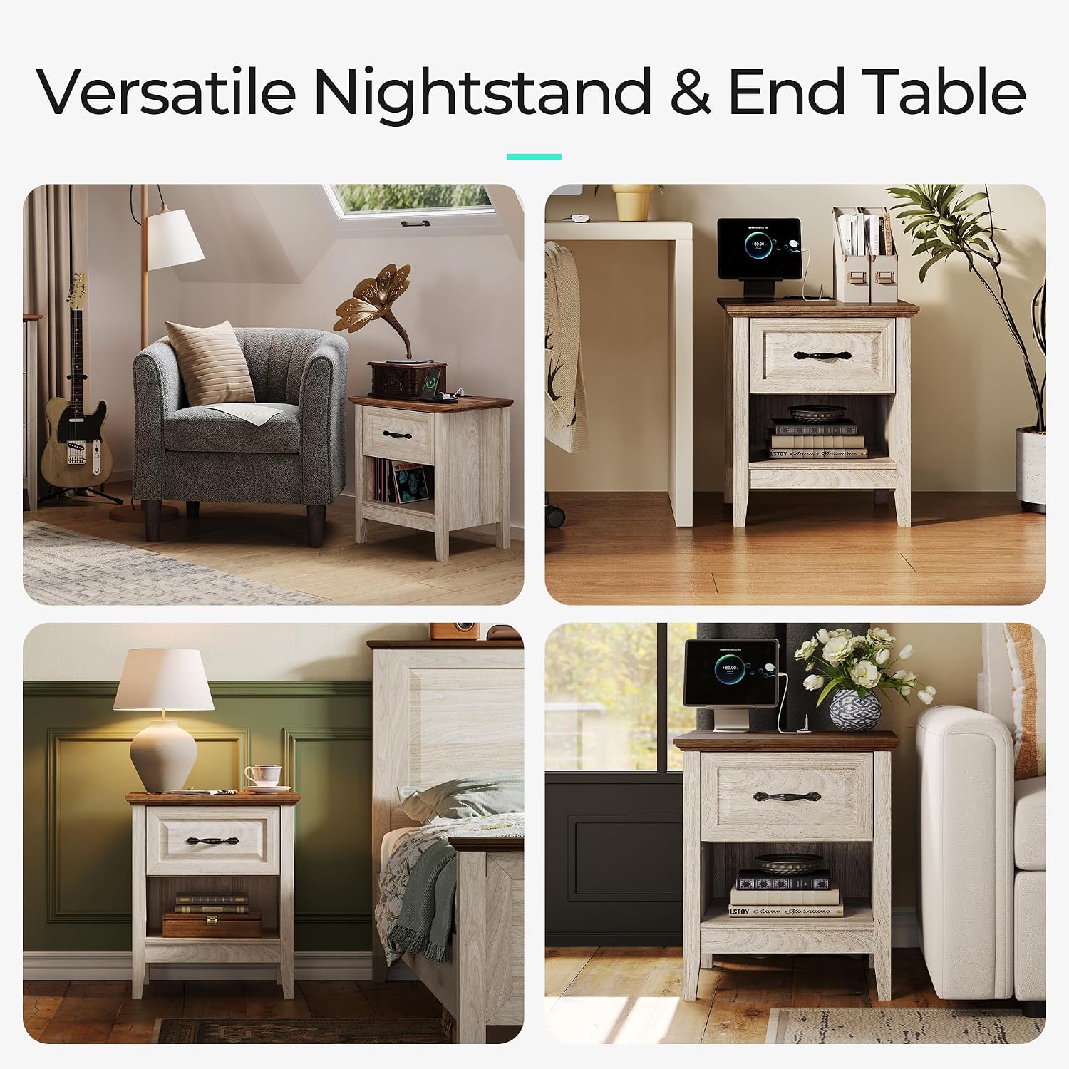 LINSY Night Stand Set of 2, 18.9' Farmhouse Wood NightStand with Type-C Charger &Open Storage Shelf Nightstands with Drawer, Side Table End Table for Bedroom Living Room Sofa Couch Office Beige