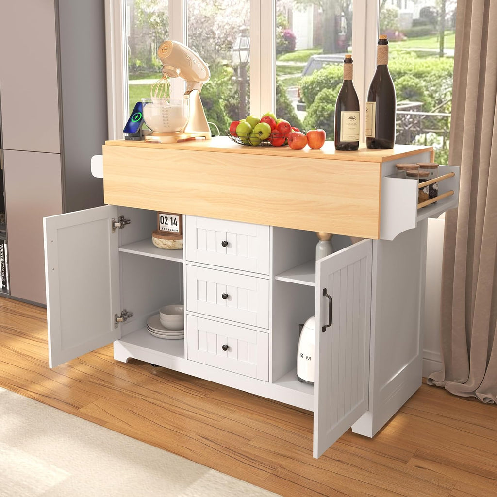 2 Drop Leaf Kitchen Island on Wheels, Farmhouse Rolling Kitchen Cart with Power Outlets, Kitchen Island Table with 2 Storage Cabinet, 3 Drawers and Spices Rack