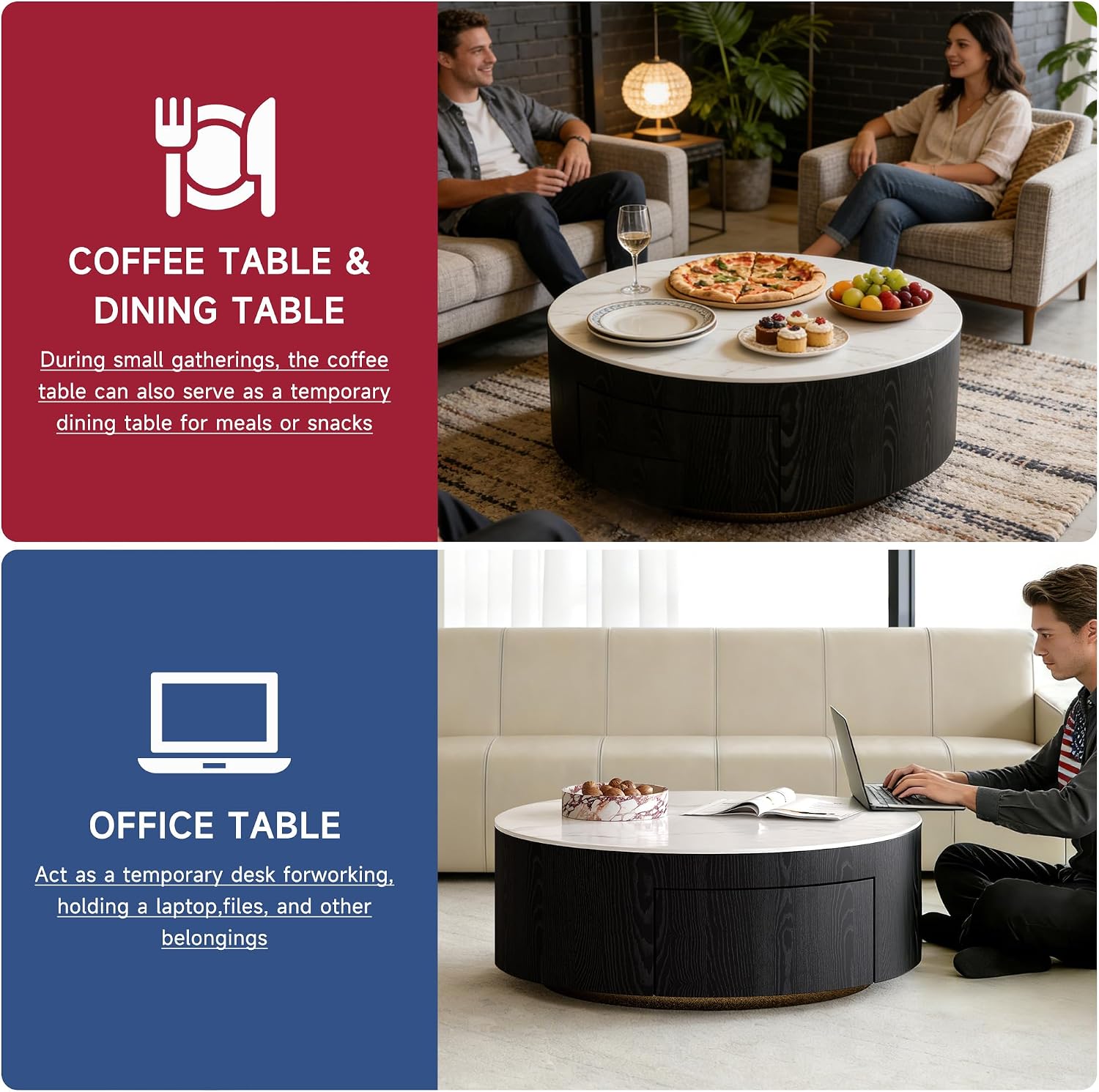 Round Coffee Table with Storage,Modern Sintered Stone & Solid Wood Center Table,Black and White Coffee Tables for Living Room,Apartment【Black,31.5'】