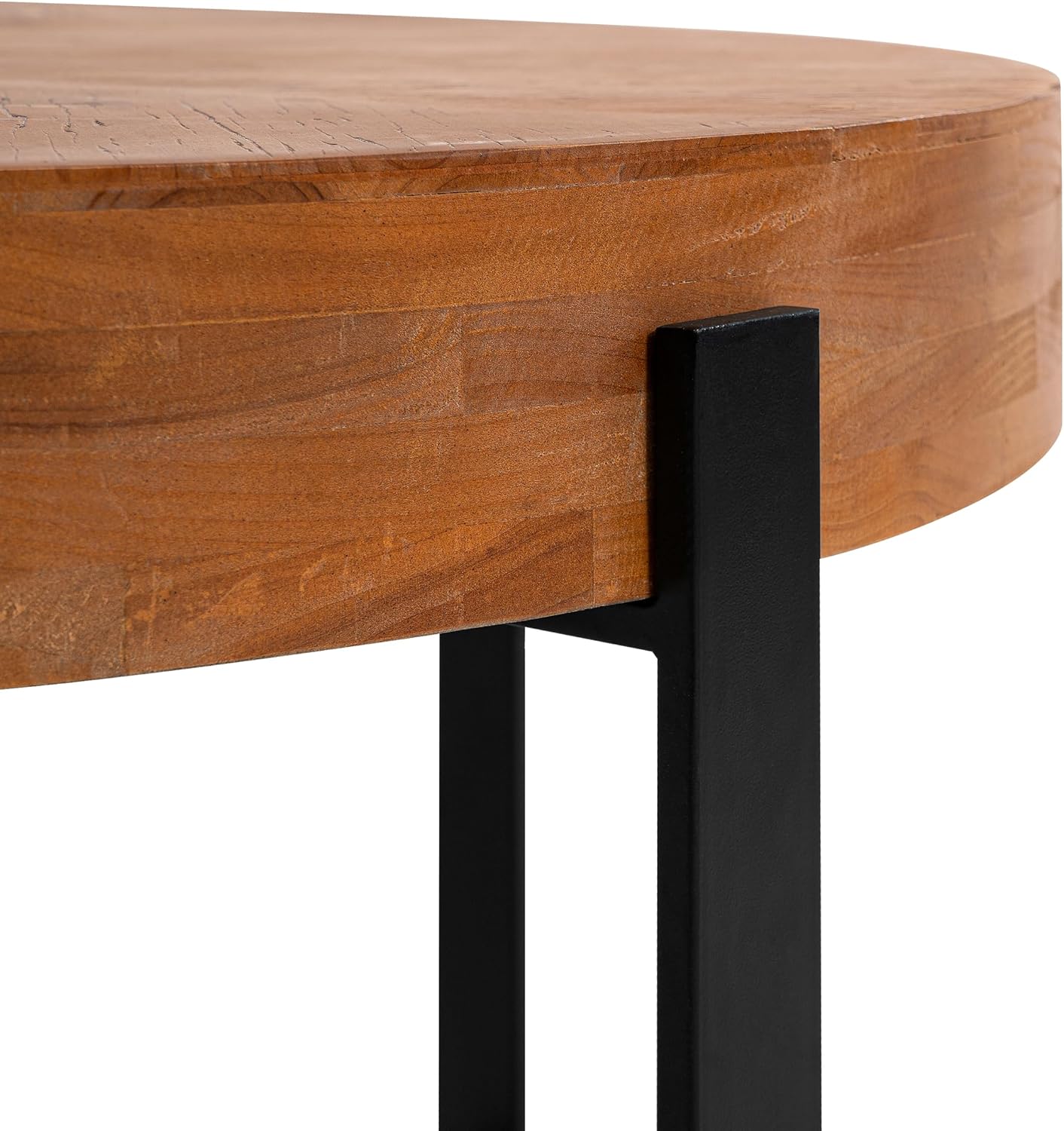 33.86' Round Coffee Table with X-Shaped Black Metal Legs, Solid Wood Circle Table for Living Room, Retro Circular Table, Natural+Black