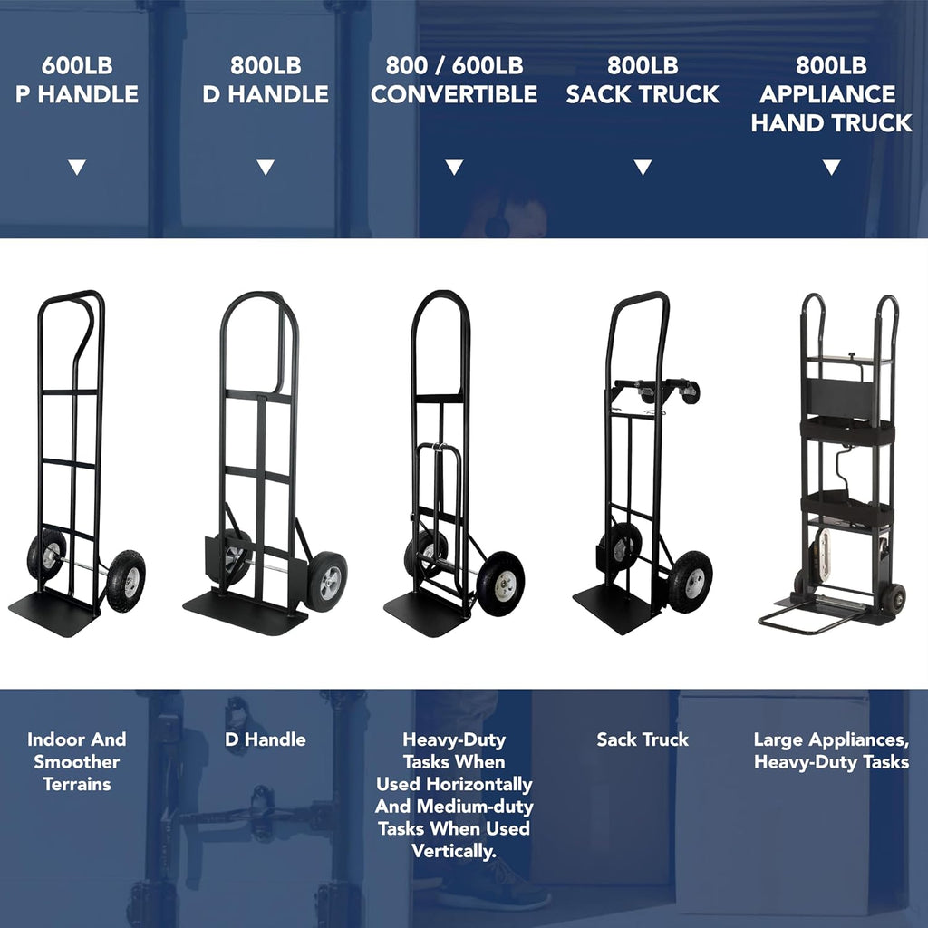 Olympia Tools 800 Lb Sack Hand Truck with Folding Nose, D Handle and 10' Pneumatic Wheels for Home and Office Use