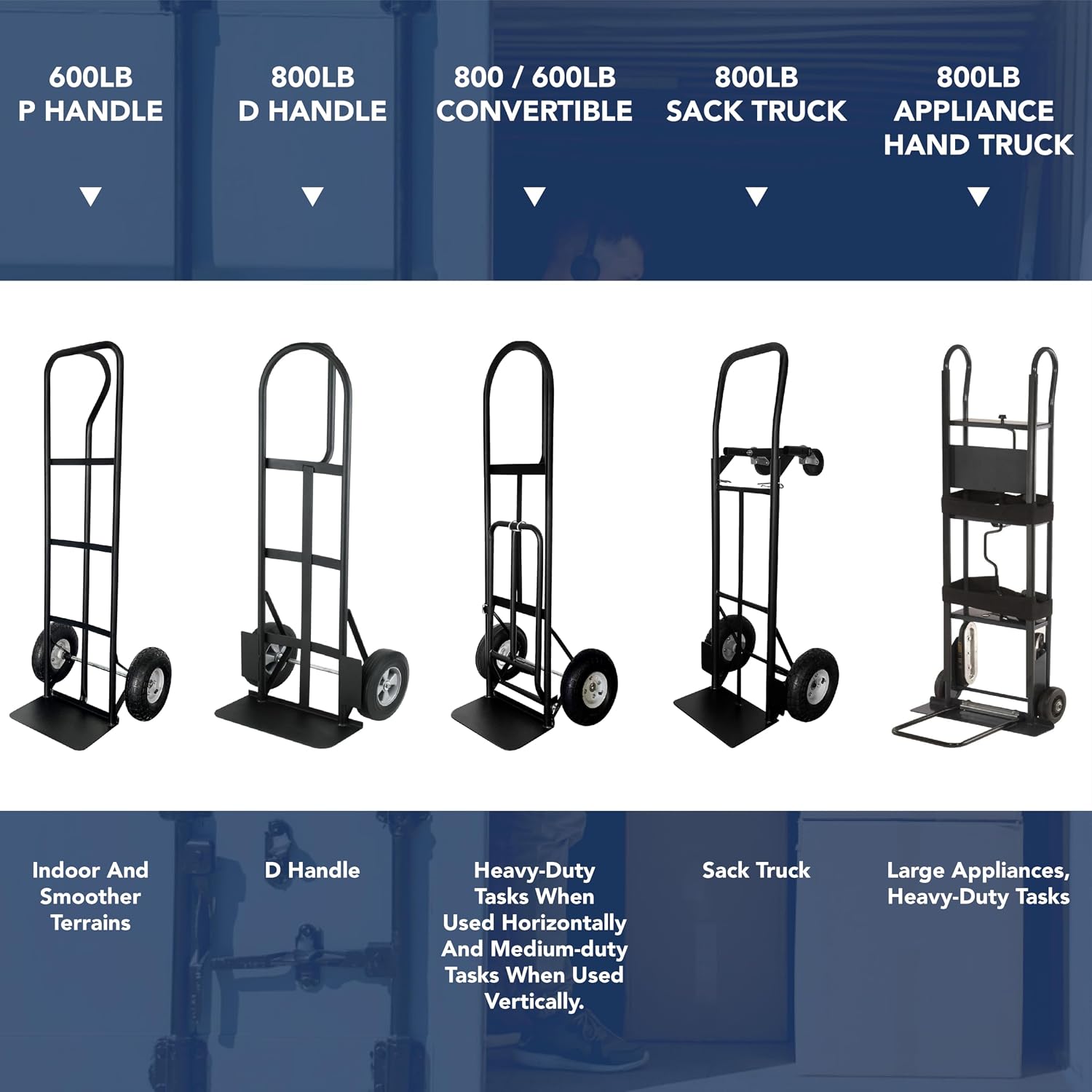 Olympia Tools 800 Lb Sack Hand Truck with Folding Nose, D Handle and 10' Pneumatic Wheels for Home and Office Use