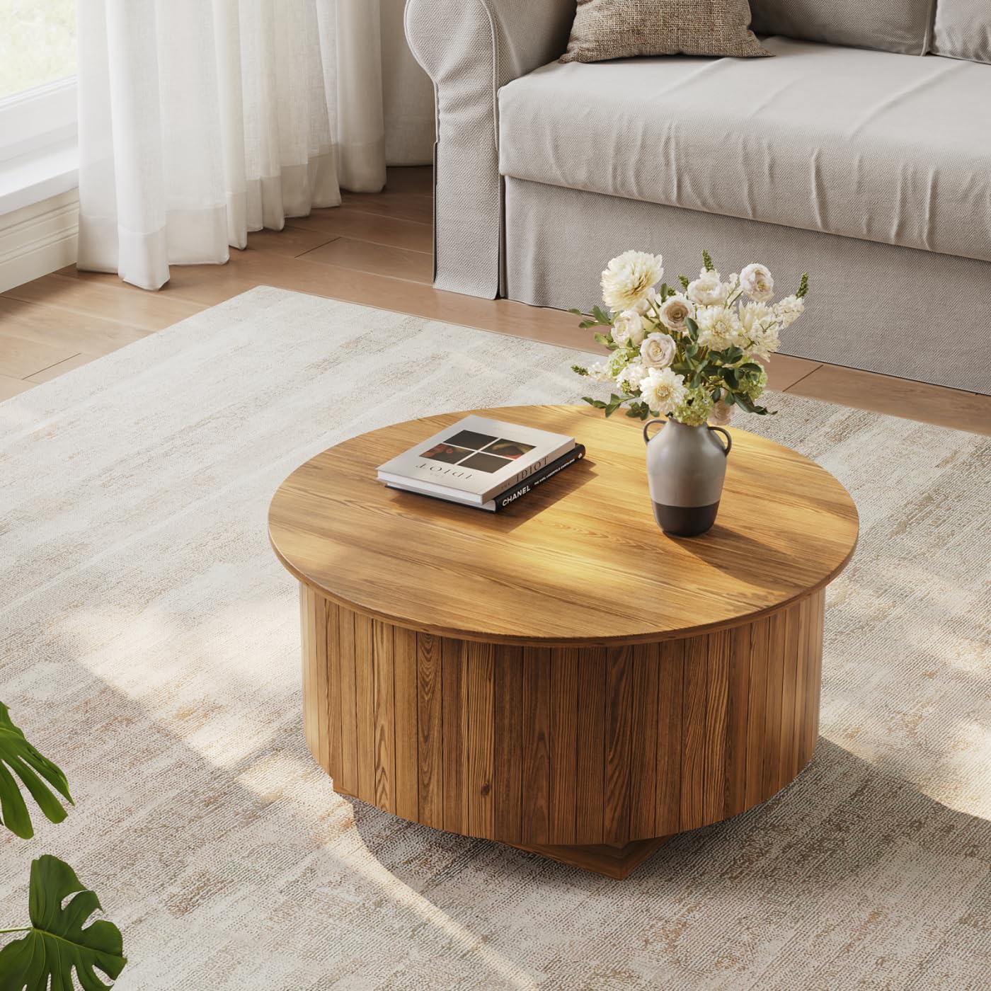 kepptory Round Lift Top Coffee Table with LED Lights, Mid Century Modern Wooden Coffee Tables with 3 Storage Space, Circle Center Table for Living Rooms,Dining Room,Bedroom Home Office,APP LED Lights