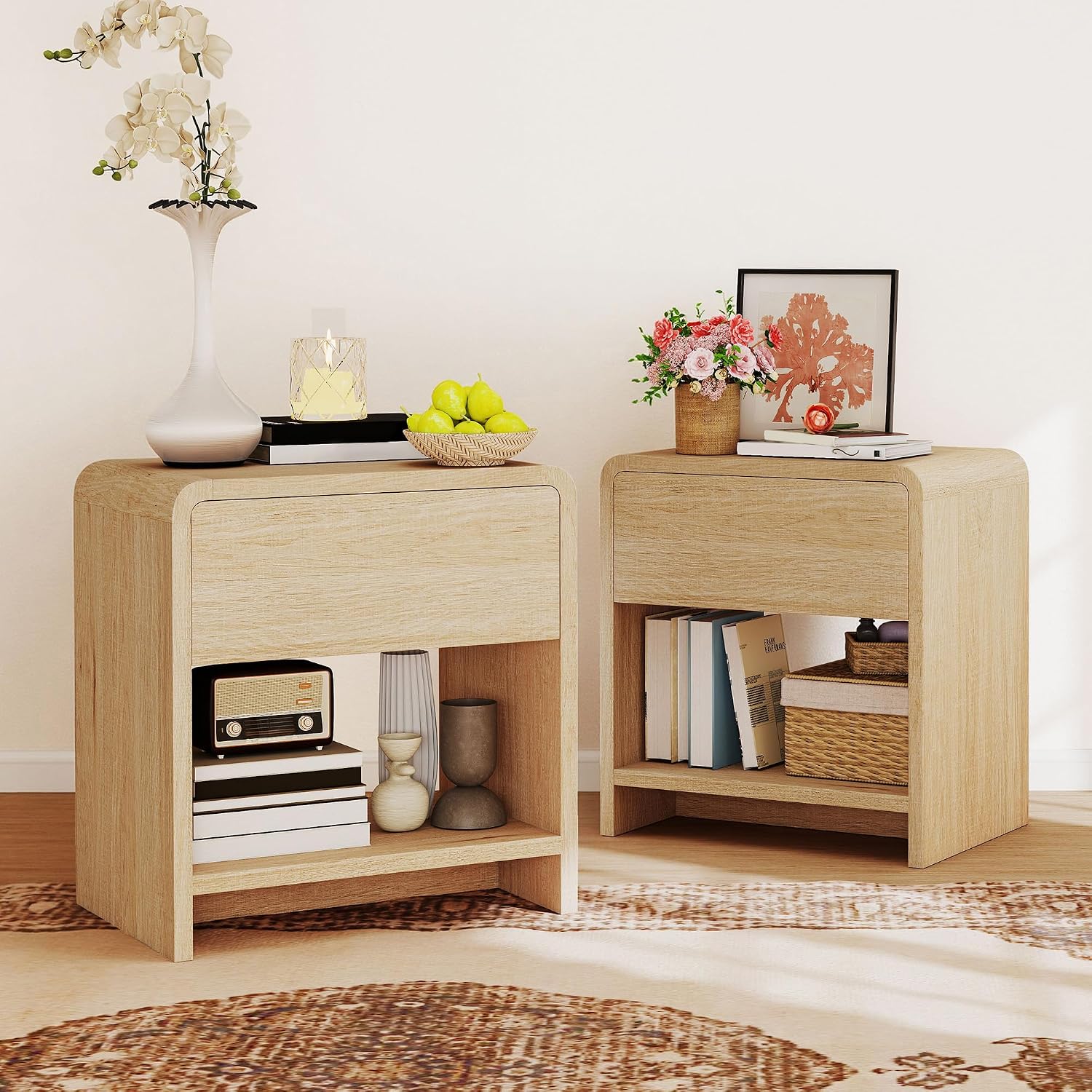 AMERLIFE Modern Night Stand Set 2 with Storage Drawer & Open Shelves, 24' Round Bedside Table Nightstand with Curved Top Corners for Bedroom Living Room Sofa Office, End Table for Small Spaces, Oak