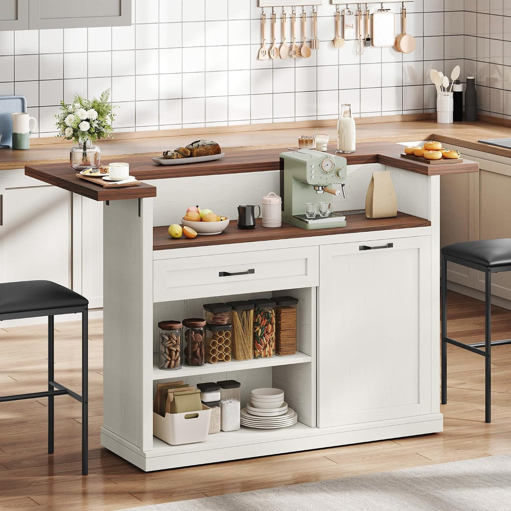 Kitchen Island with Storage, Rolling Kitchen Islands with Storage, 55' W Large Island Table, Breakfast Bar Counter with Drop Leaf, Trash Can Cabinet, Power Outlet for Dining Room, Walnut