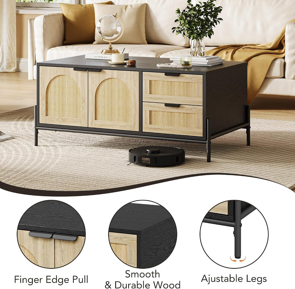 GarveeHome 40.9' Rattan Coffee Table with LED Lights for Living Room, Modern Coffee Tables with 2 Storage Drawers and 2 Arched Door, Farmhouse Coffee Table with Study Metal Legs, Black+Oak
