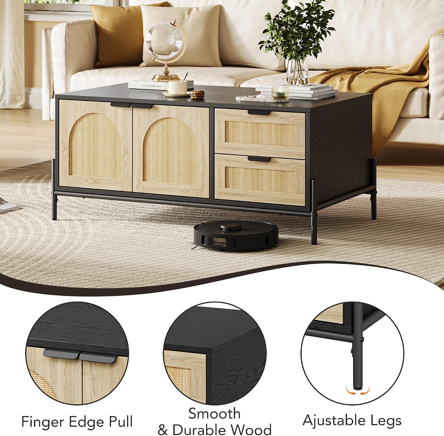 GarveeHome 40.9' Rattan Coffee Table with LED Lights for Living Room, Modern Coffee Tables with 2 Storage Drawers and 2 Arched Door, Farmhouse Coffee Table with Study Metal Legs, Black+Oak