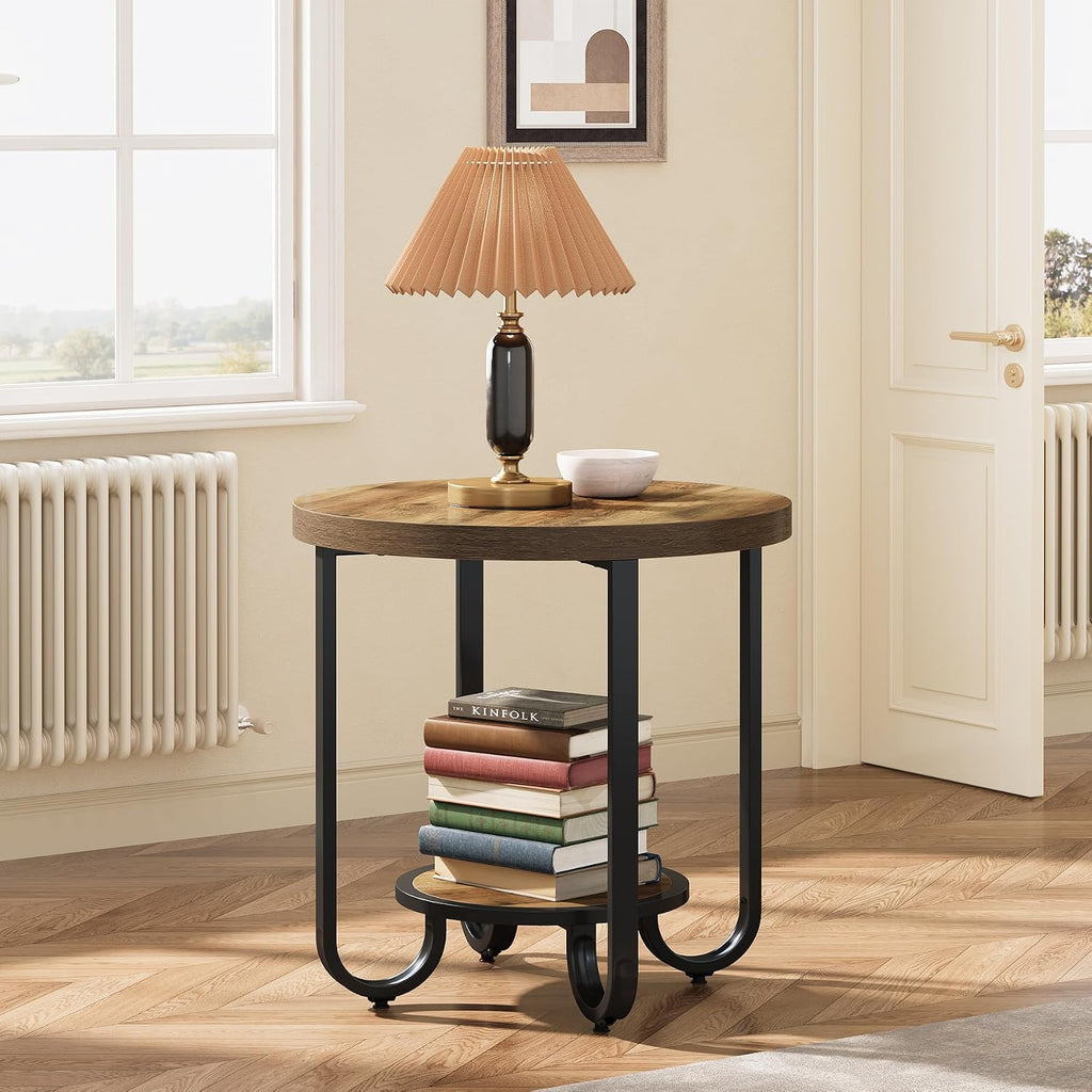 Tribesigns Round End Table with 2-Tier Storage Shelf, Industrial Side Table with Curved Metal Legs, Wood-Grain Accent Coffee Side Stand, Small Nightstand for Living Room, Bedroom, Office, 2PCS