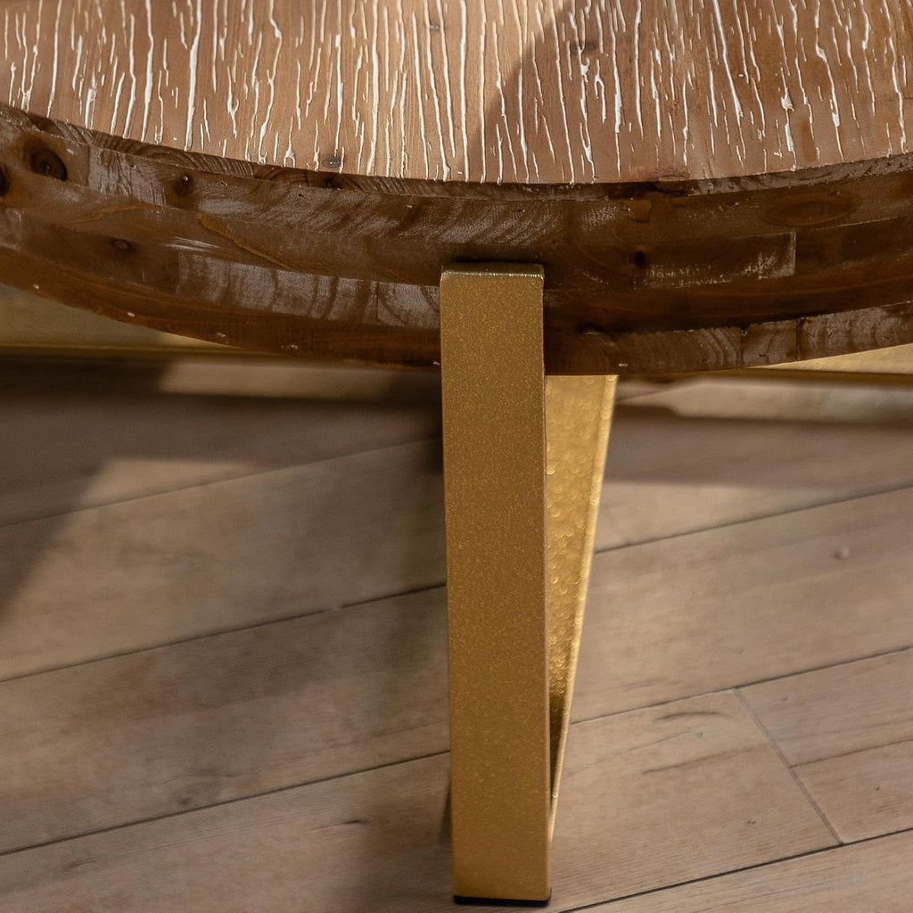 Wood Round Coffee Table, 31 Inch Farmhouse Rustic Fir Wooden Table Top Cross Metal Legs Circle Coffee Table for Living Room, Gold
