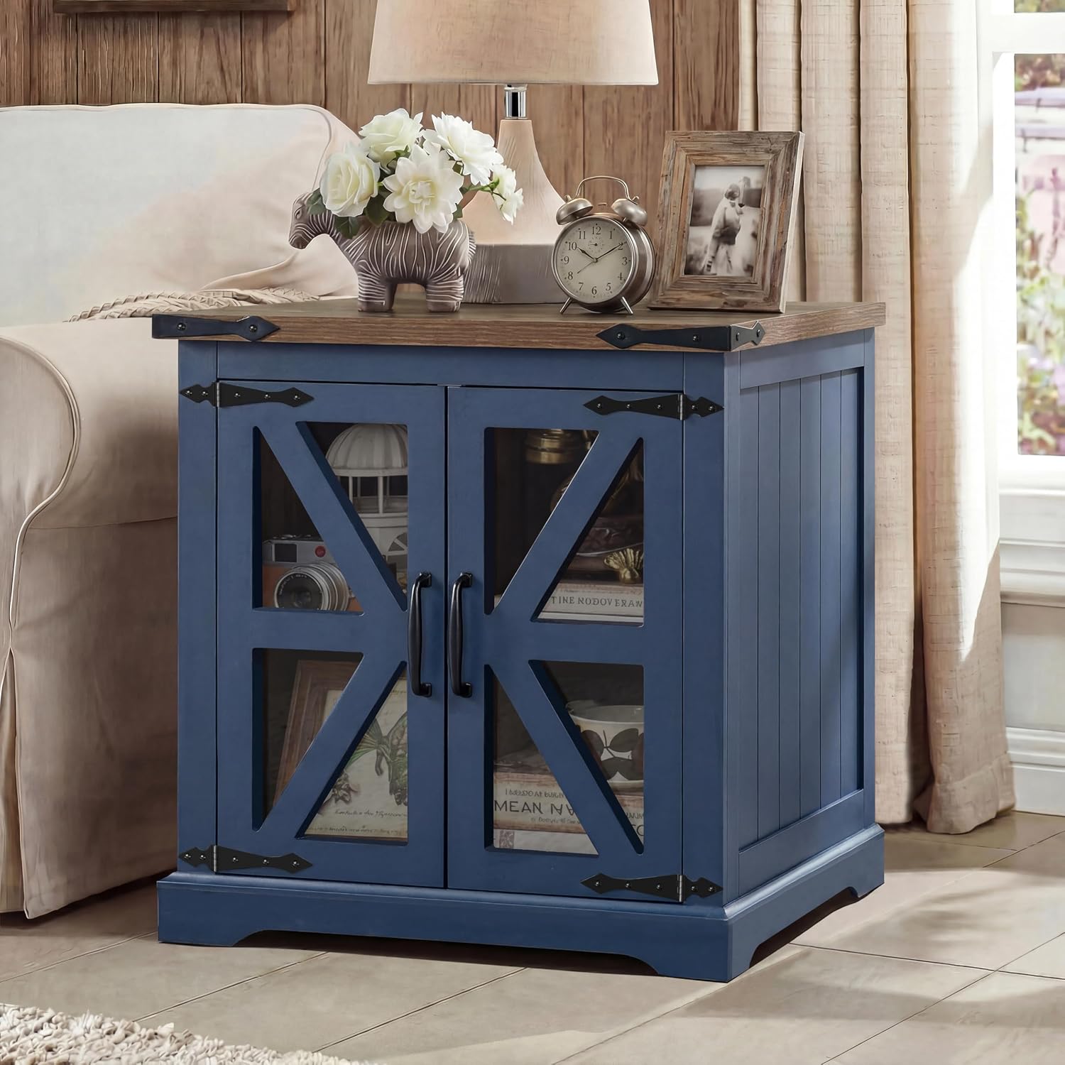 Farmhouse End Table, 24' Large End Tables with Storage, Rustic Square Sofa Beside Table with Glass Barn Door, Wood Side Table Square Nightstand for Living Room, Bedroom, Office (Misty Blue)
