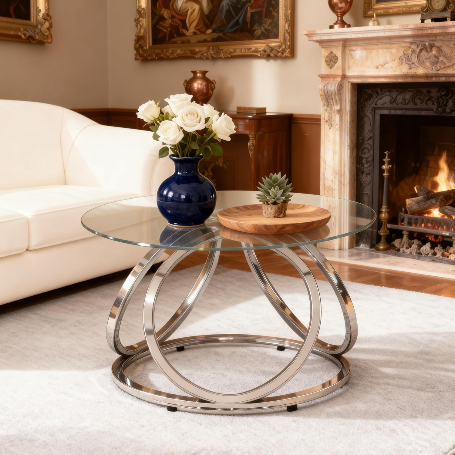 O&K FURNITURE Silver Coffee Table, Modern Glass Coffee Table Living Room Table with Ring-Shaped Frames, Glass Coffee Table for Home&Office, Chrome Finish, 1 PC | Modern