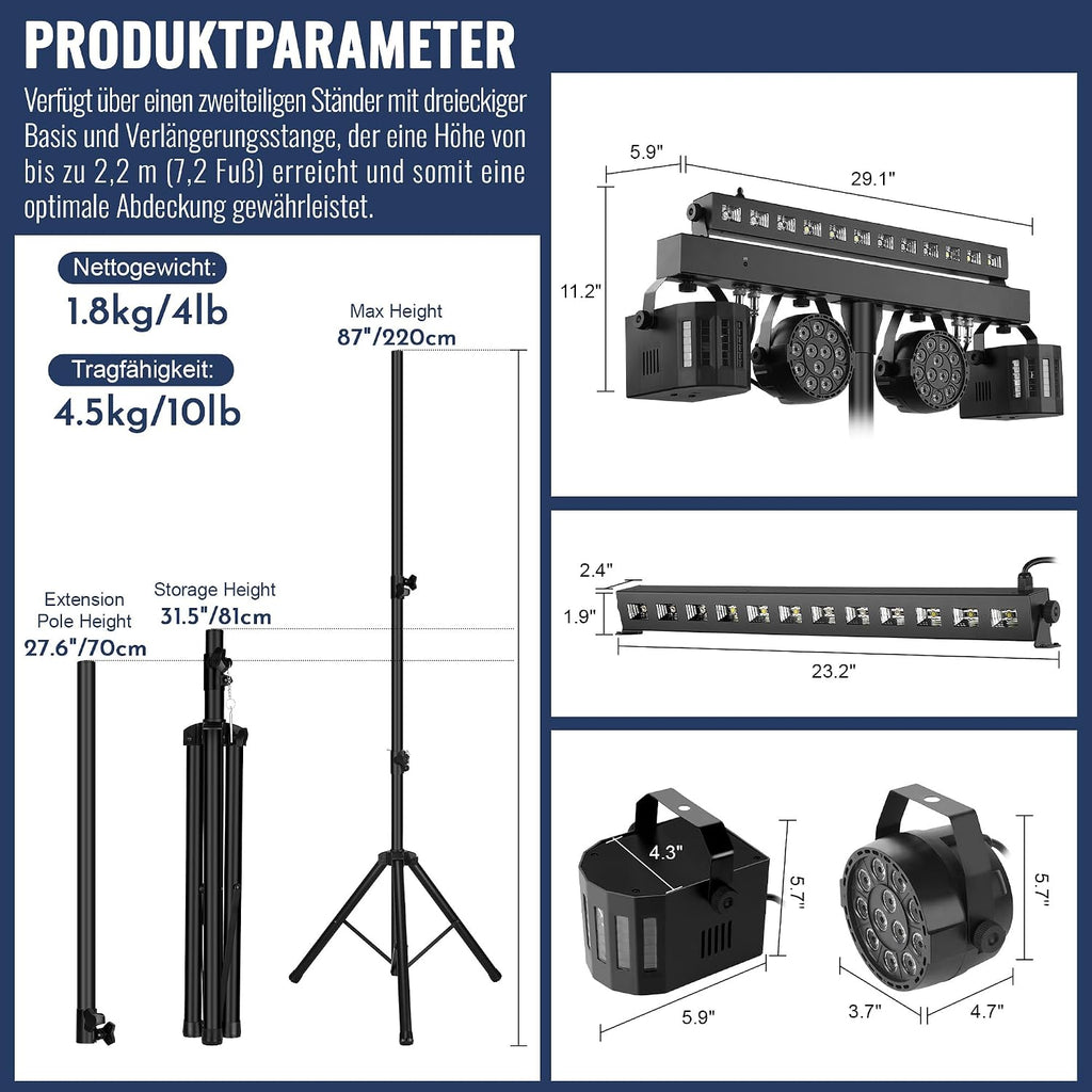 Telbum DJ Lights Stand for Parties - Professional 5in1 LED DJ Lighting System with Stand, DMX512, Sound Activated Stage Lights Package for Wedding Live Band Disco Club Gig Bar Booth Show Events