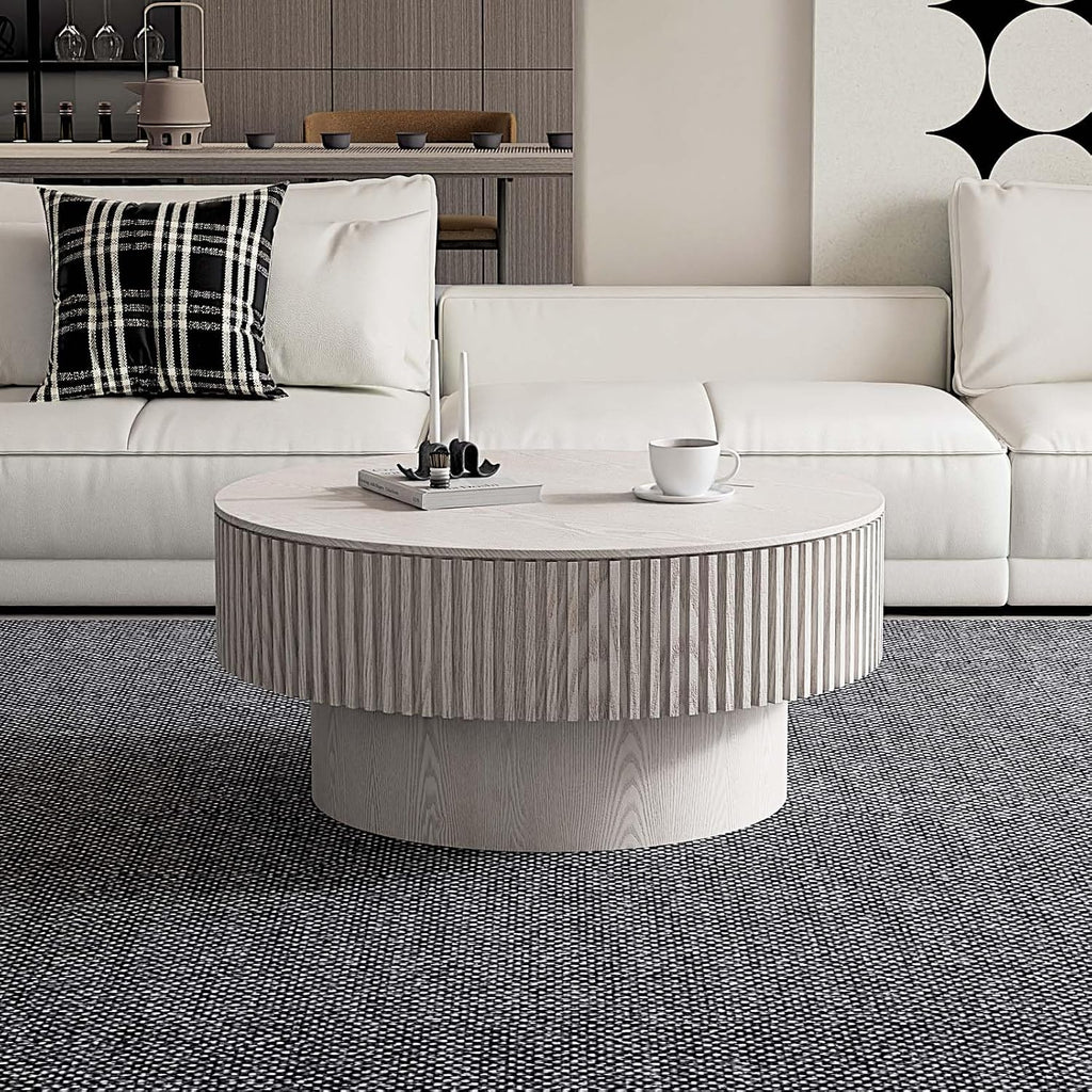 Round Coffee Table with Storage, Modern Wooden Coffee Table with Solid Wood Veneered, Circle Center Table Accent Tea Table for Living Room Small Space (31.5''L × 31.5''W × 14''H, Retro White)