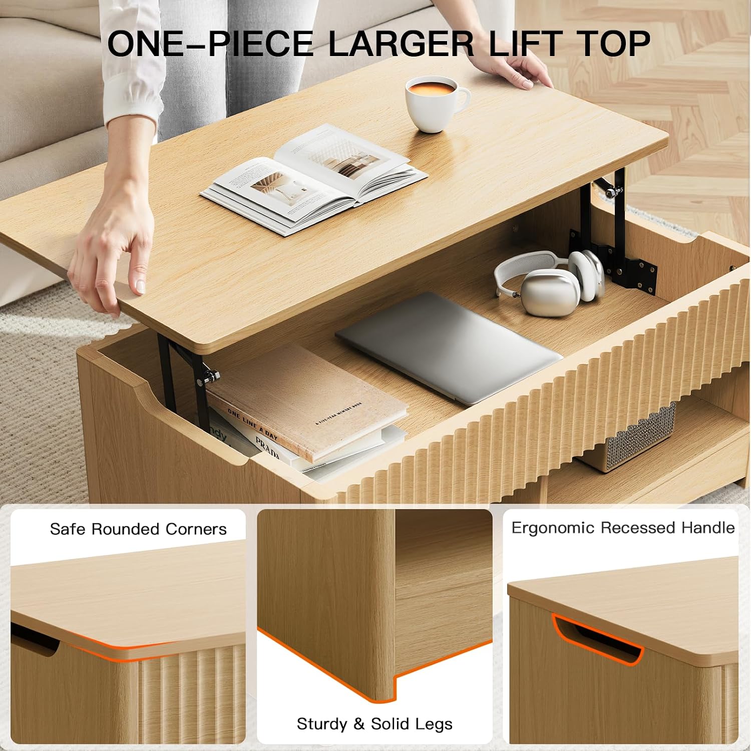 Amada Lift Top Coffee Table with Storage Shelf & Hidden Compartment, Modern Fluted Rectangle Dining Table for Living Room, Home Office,Natural Oak