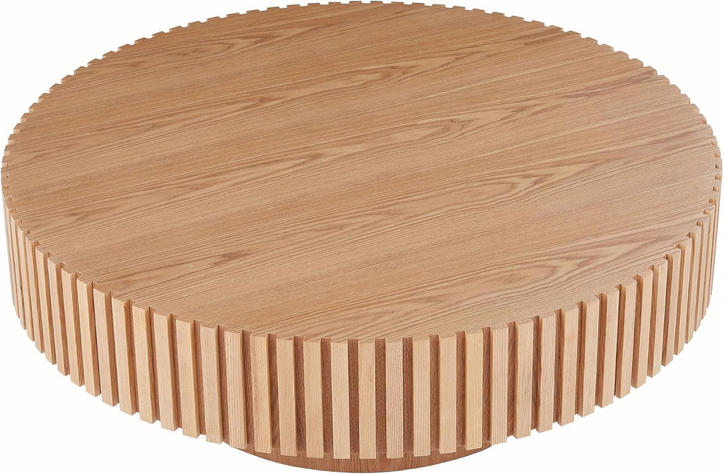 31.49' Round Coffee Table Wood, Modern Drum Fluted Oak Coffee Table for Living Room, Contemporary Minimalist Low Circle Center Table Side Table for Apartment, Farmhouse, Office Natural Ash