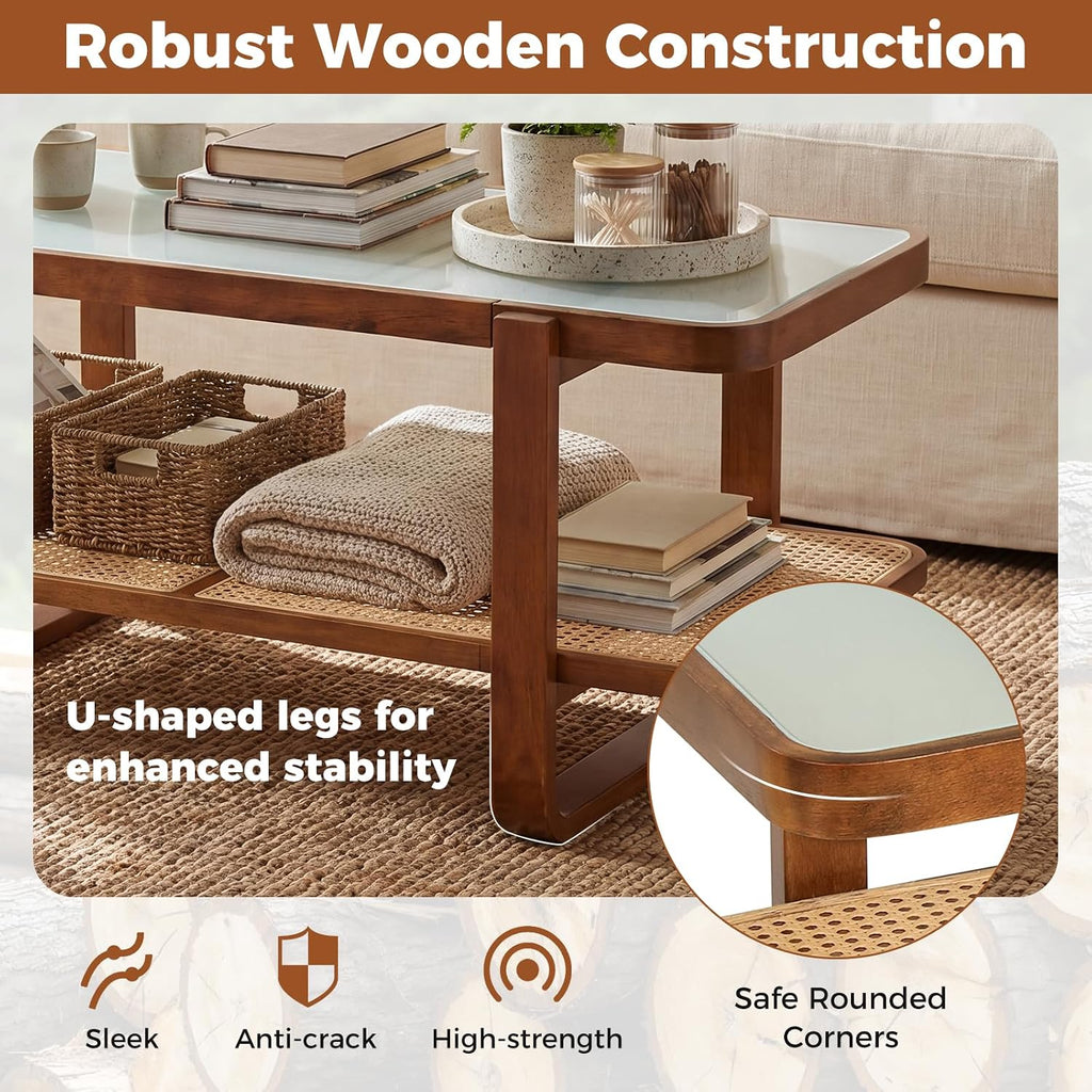 Giantex Rattan Coffee Table, 41.5' Farmhouse Center Table with Storage & Frosted Tempered Glass, Wood Boho Accent Cocktail Tea Table, Modern Living Room Table for Small Spaces, Walnut