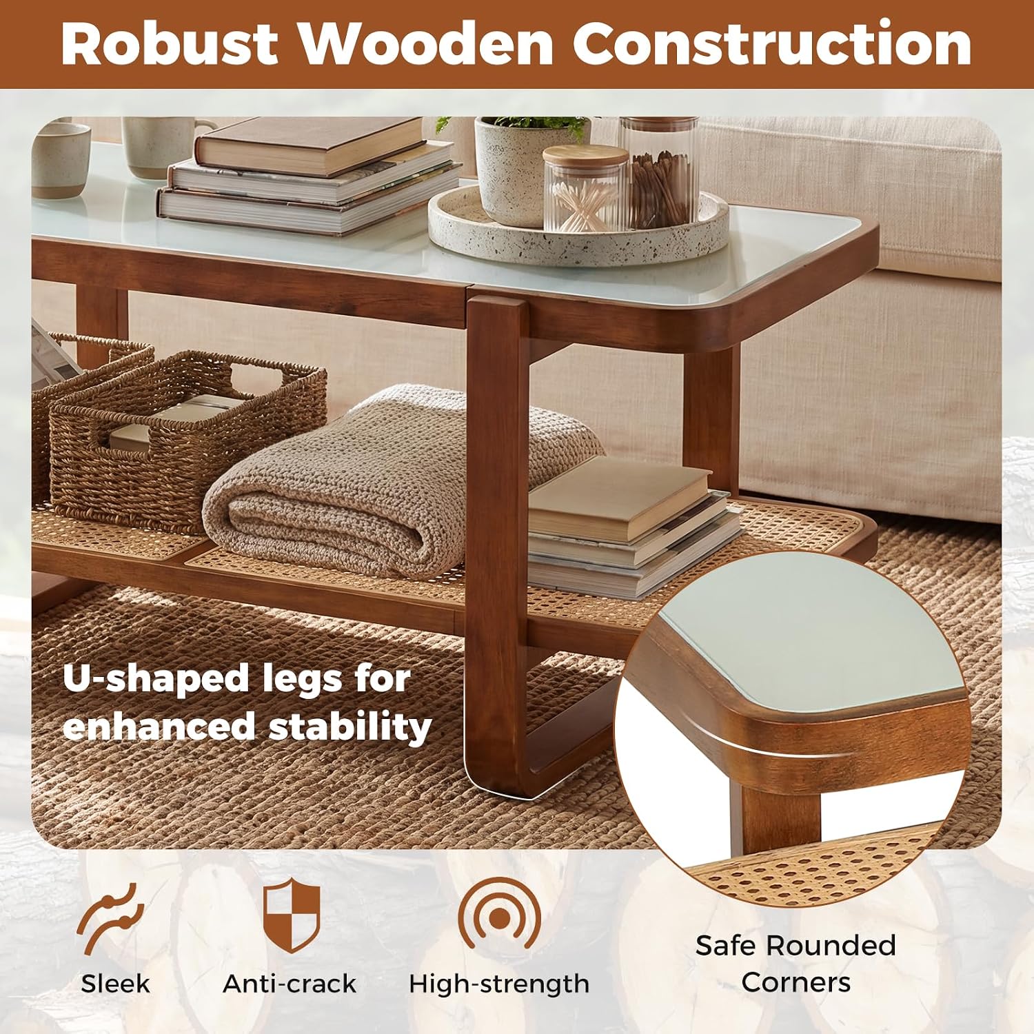 Giantex Rattan Coffee Table, 41.5' Farmhouse Center Table with Storage & Frosted Tempered Glass, Wood Boho Accent Cocktail Tea Table, Modern Living Room Table for Small Spaces, Walnut