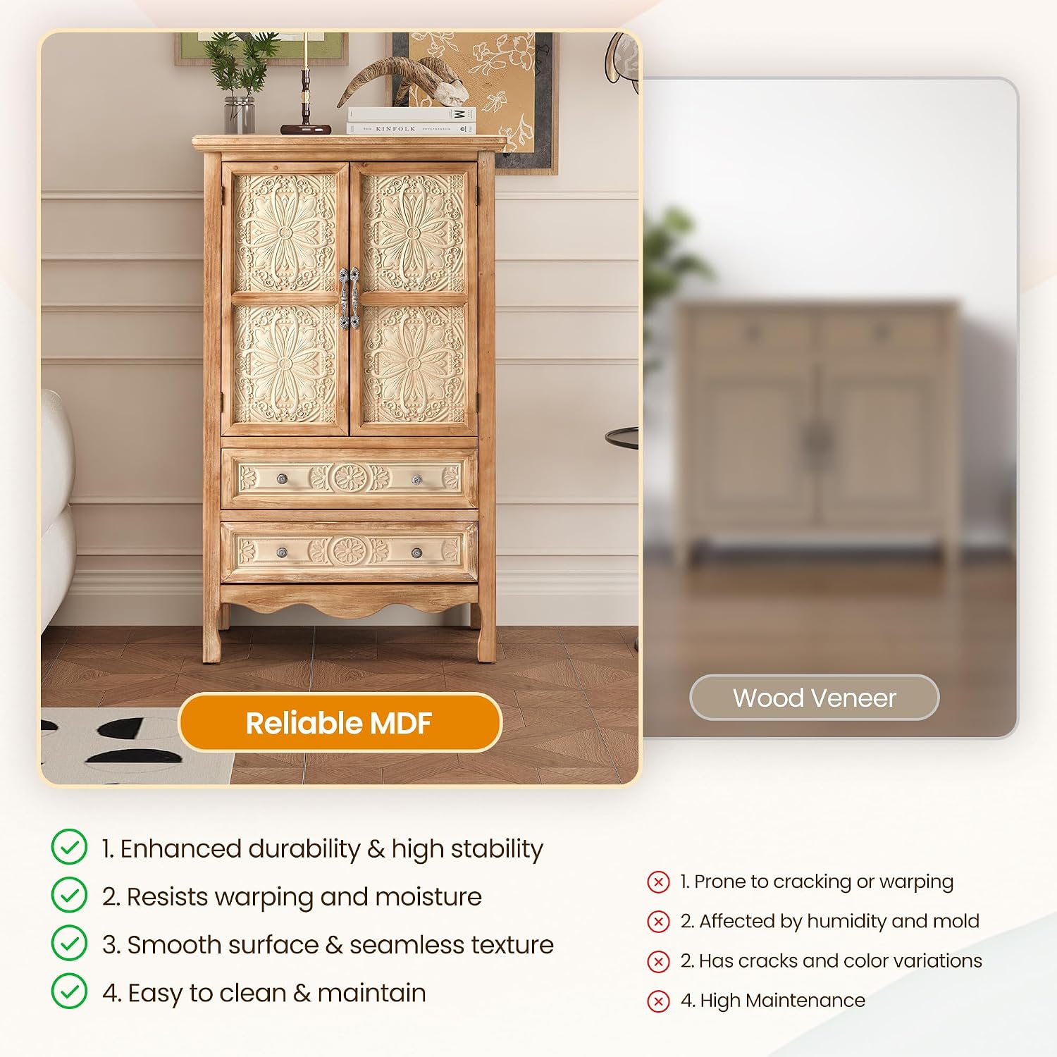 RoyalCraft 48' Tall Accent Cabinet with 2 Carved Doors and 2 Drawers，Vintage Wood Cabinet with Storage, French Country Sideboard Buffet for Small Spaces, Dining Room, Living Room & Entryway
