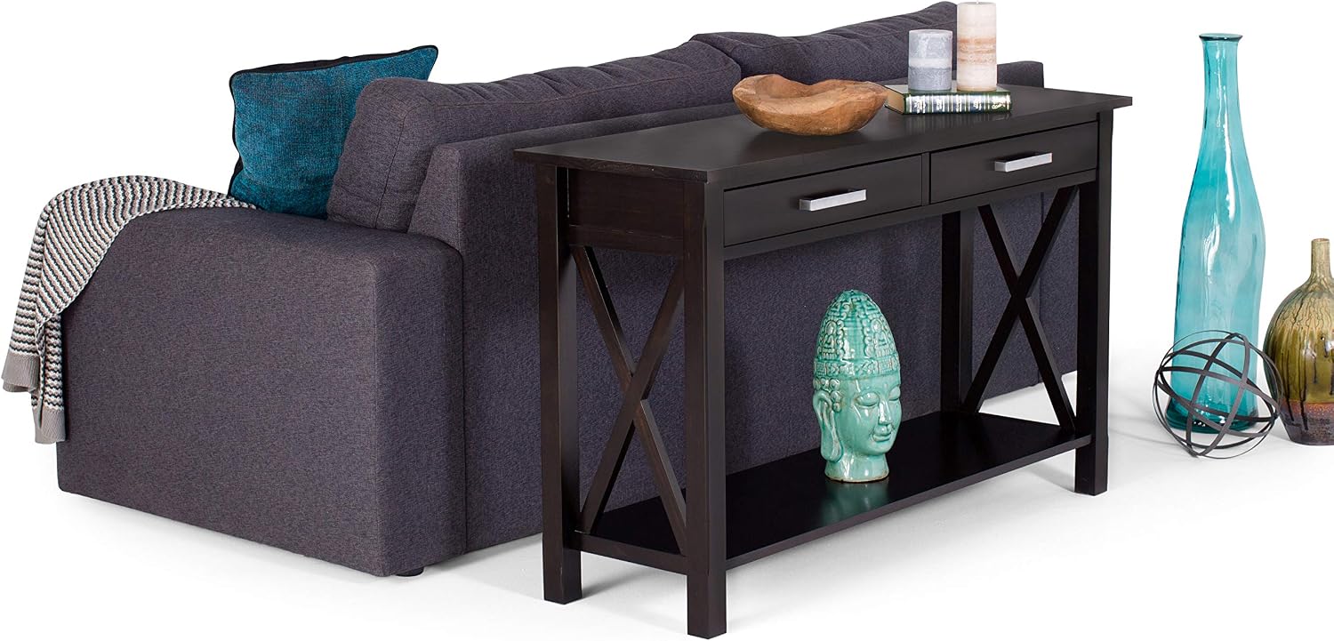 SIMPLIHOME Kitchener Console Table - 47 Inch Wide Solid Wood Sofa Table in Hickory Brown, Contemporary Storage Table for Entryway or Living Room with 2 Drawers, Bottom Shelf, and X-Design Side Panels